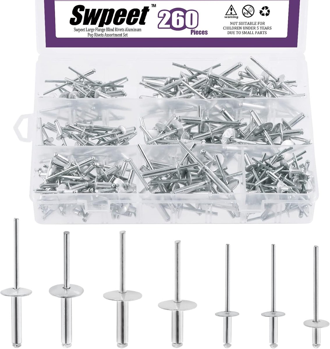 Aluminium blind rivetten set 260pcs - 7 maten 3/16" 1/8" 5/32" - grote flens - ideaal voor binnen en buiten gebruik - SnelShoppen