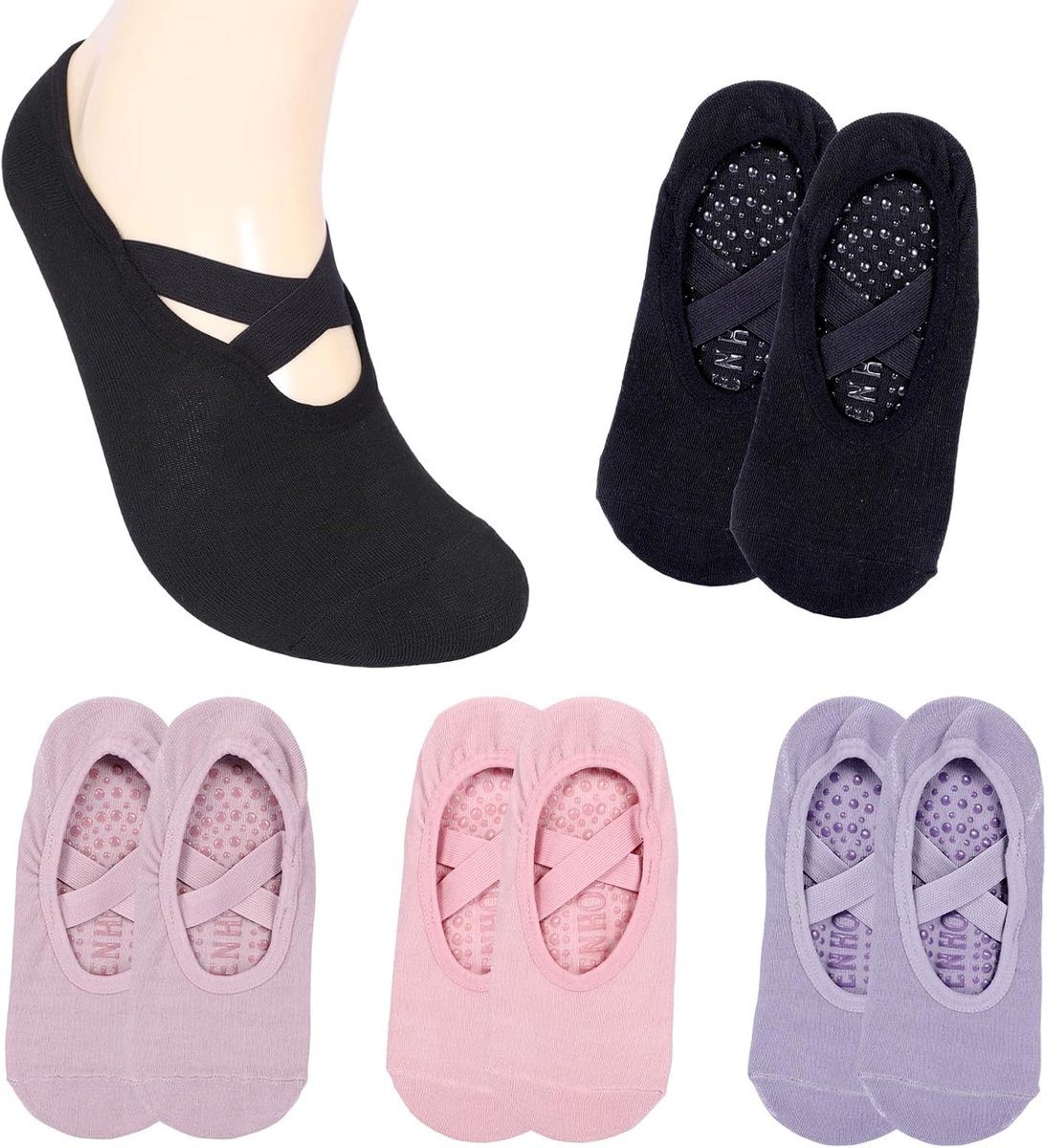 Yoga- en pilatessokken dames - 4 paar - ademend katoen - antislip met siliconen punten - SnelShoppen