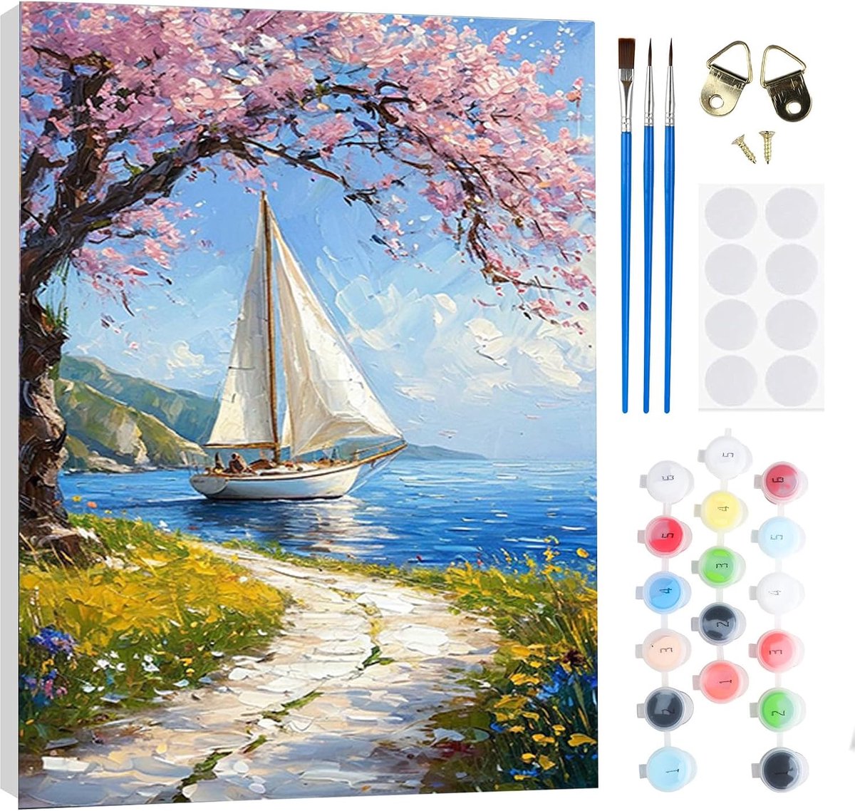 Schilderen op nummer set 20x30cm - zeilboot schilderij op canvas - inclusief verf en penselen - SnelShoppen