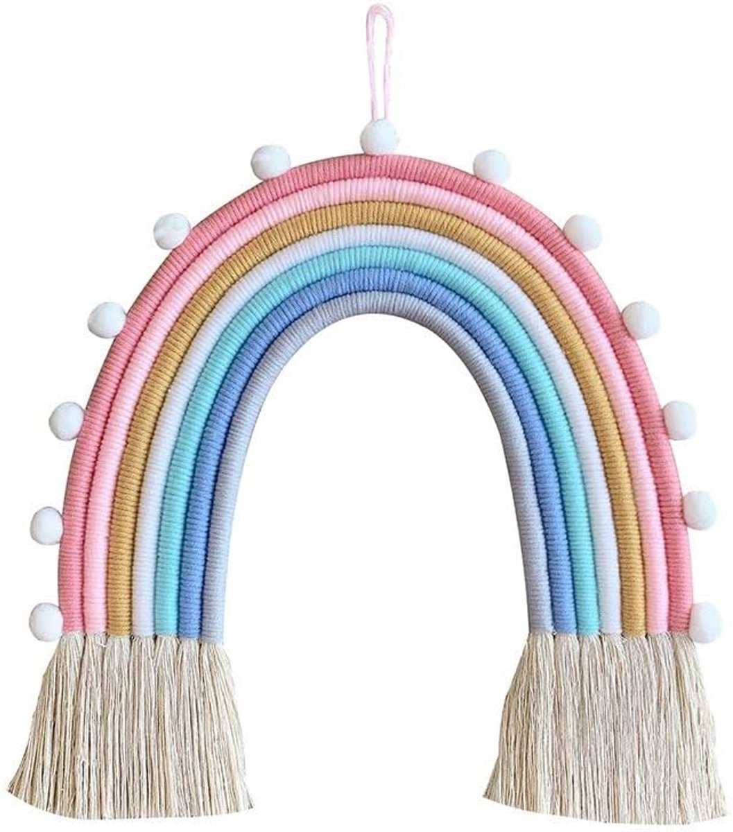 Muur decor hangende kamer Boho klein tapijt, geweven decoratief met kwast, zacht katoenen touw schattige muur kunst achtergrond (blauw)