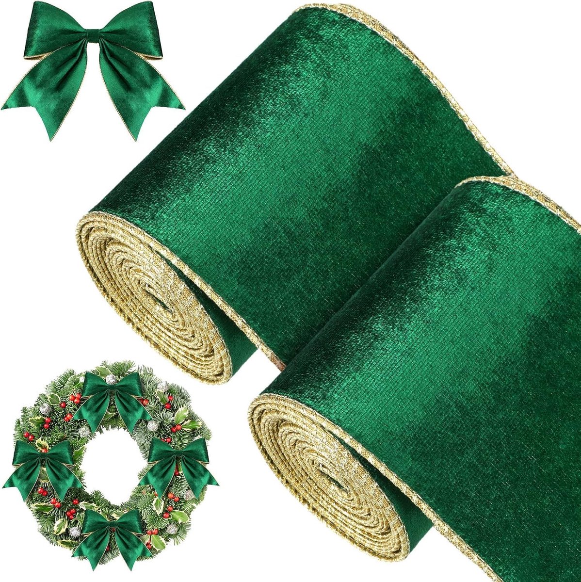 2 rollen fluwelen kerstlint, 11 m x 10 cm breedte bedraad waterdicht inpakfluwelen lint met gouden rand voor kerstcadeauverpakking kerstboom doe-het-zelf krans kerststrik decoratie (groen)