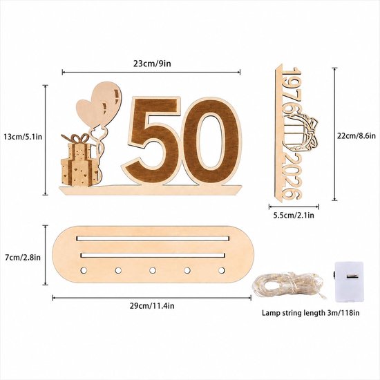 Decoratie 50e verjaardag jubileum gouden bruiloft cadeau 1976-2026 - Geldgeschenken 50e verjaardag mannen vrouwen met LED lichtketting cadeaupapier tafeldecoratie 50 houten bord gastenboek — afbeelding 2