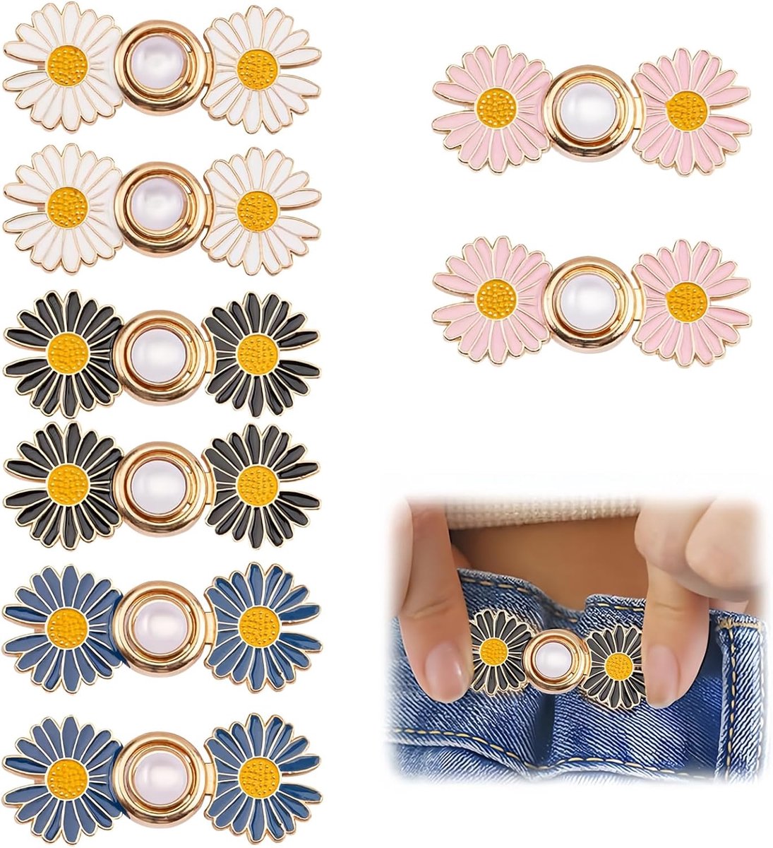 Set van 8 verstelbare broekbandjes met margrietmotief, afneembare jeansknopen, gespclips voor dames, direct te gebruiken, zonder naaigereedschap