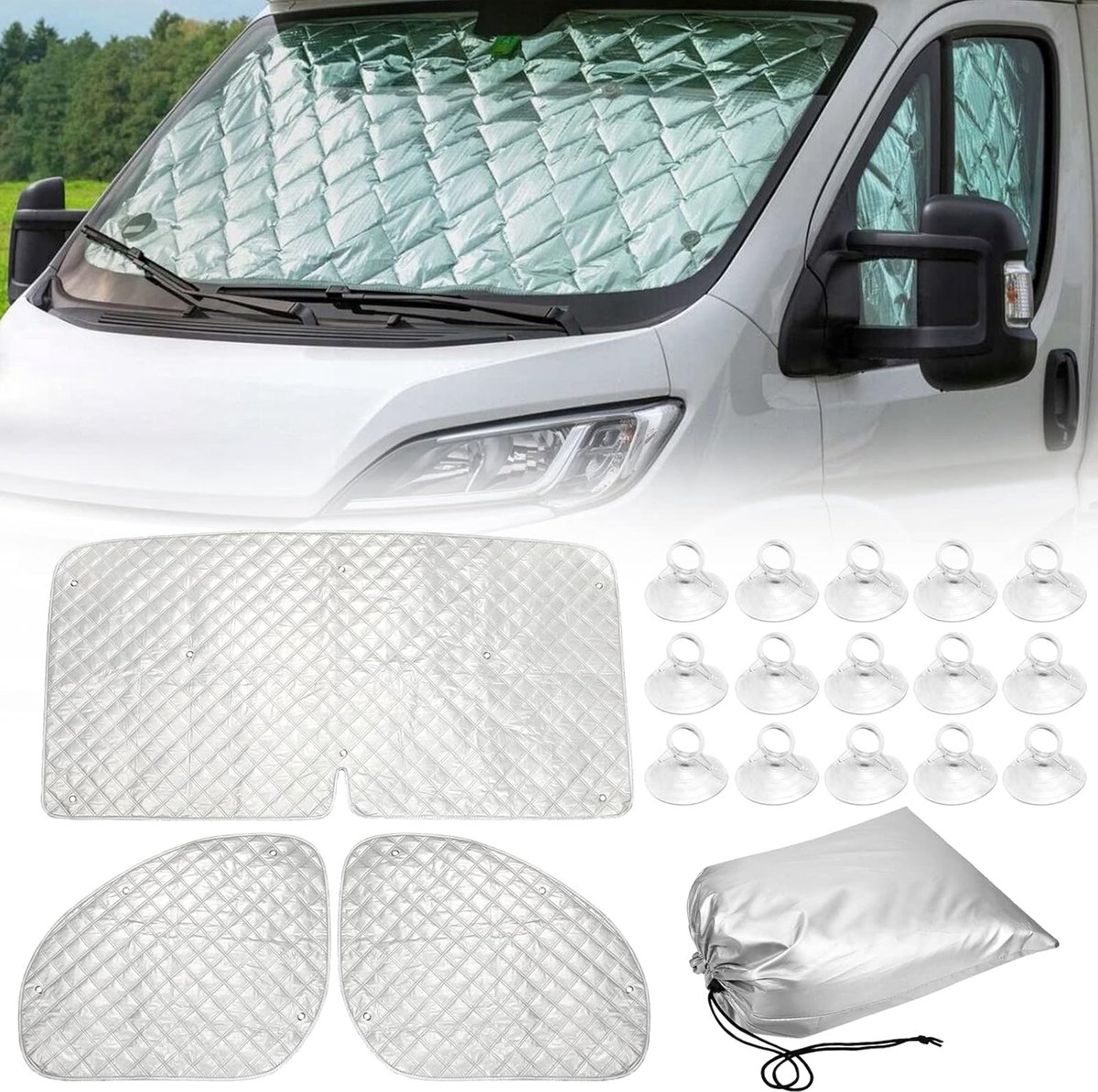 Voorruitafdekking auto zonwering interieur thermische mat bestuurderscabine geschikt voor FIAT Ducato 2006-2021, 3-delig technologie thermische mat voorruit afdekking zonneklep winter