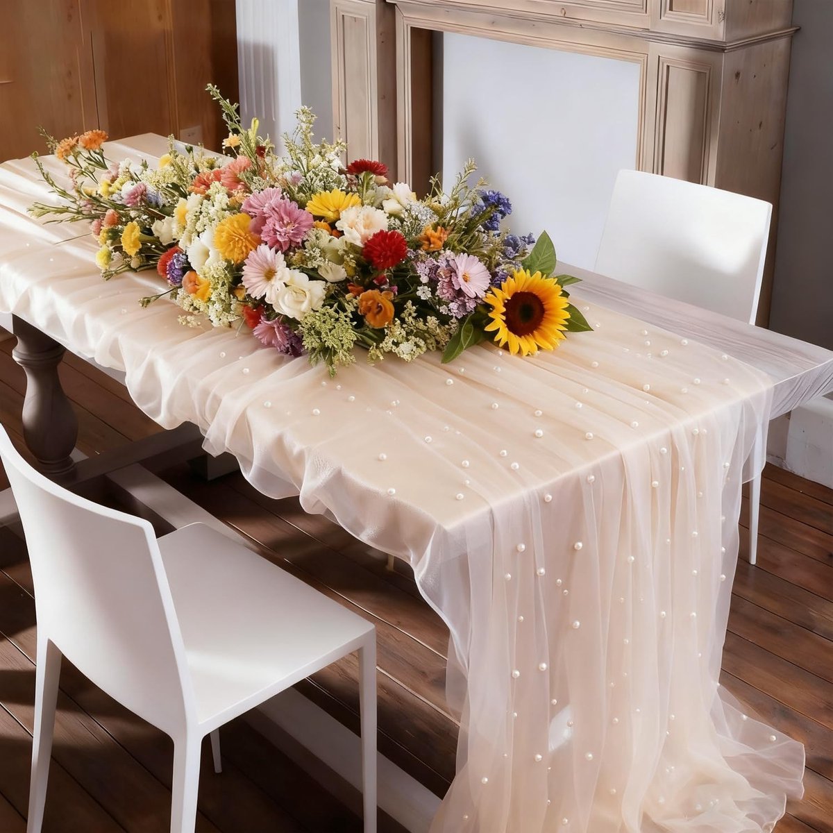 Tafelloper 80x300 cm, Vintage Kant Tafeldecoratie, Transparante Tulle voor Bruiloften, Feestjes, Kerstdiners, Decoratie Bridal Shower, Champagne