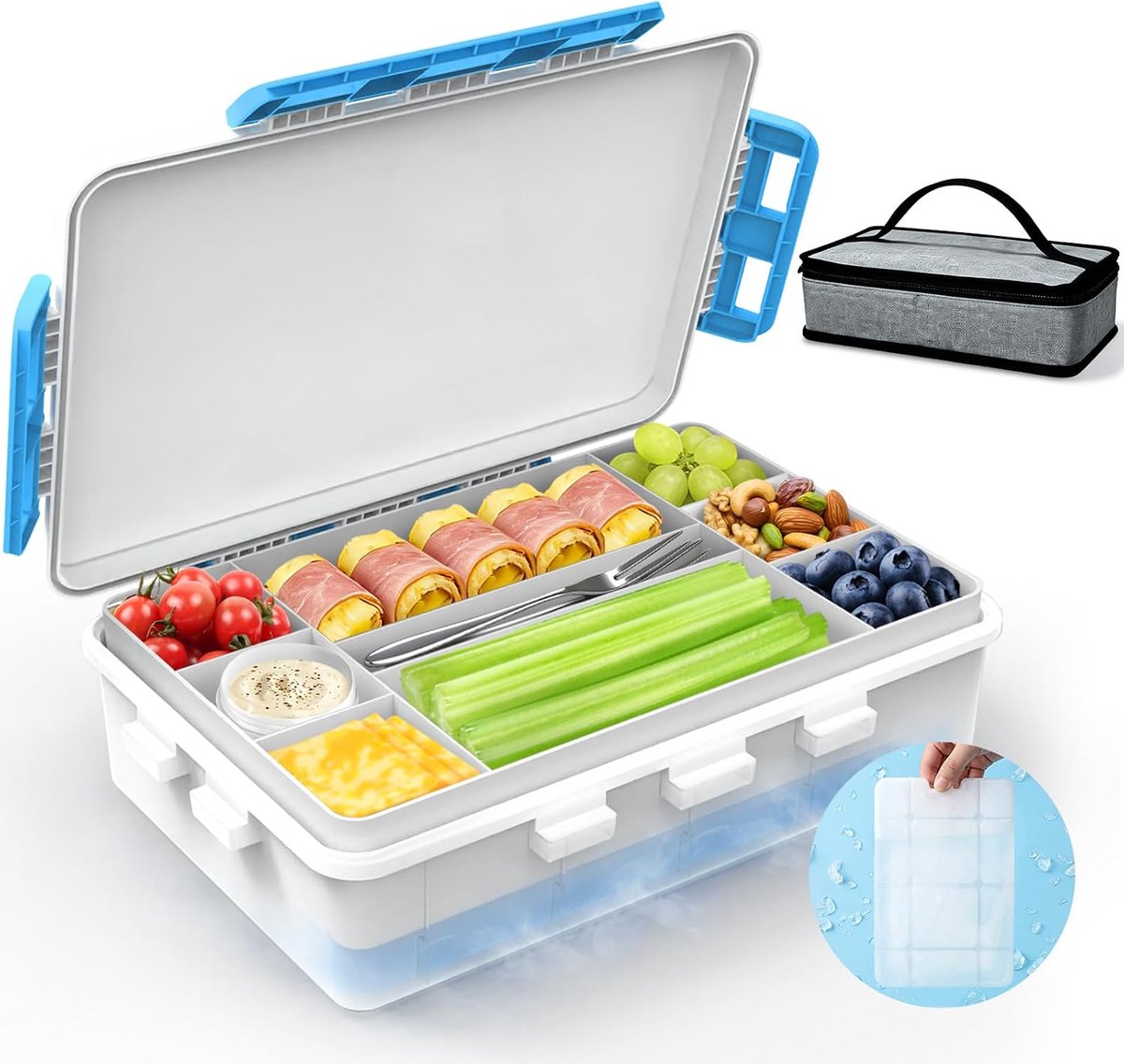 Snackdoos met 9 compartimenten, herbruikbare ijspakket -5℃, geïsoleerde zak | 3.2L reisvoedselcontainers met deksels, houdt voedsel en vruchten koud/warm, familie Road Trip Beach Picnic Camping