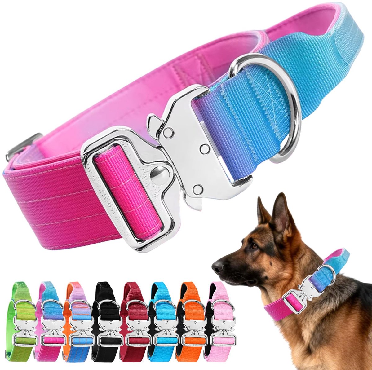 Tactische hondenhalsband L - nylon met bedieningsgreep - kleurverloop roze, lichtblauw en paars - SnelShoppen