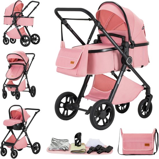 Roze Yazoco 3-in-1 kinderwagen met accessoires: wandelwageninzet, reiswieg, autostoel, tas, voetenzak, muggennet en regenhoes.