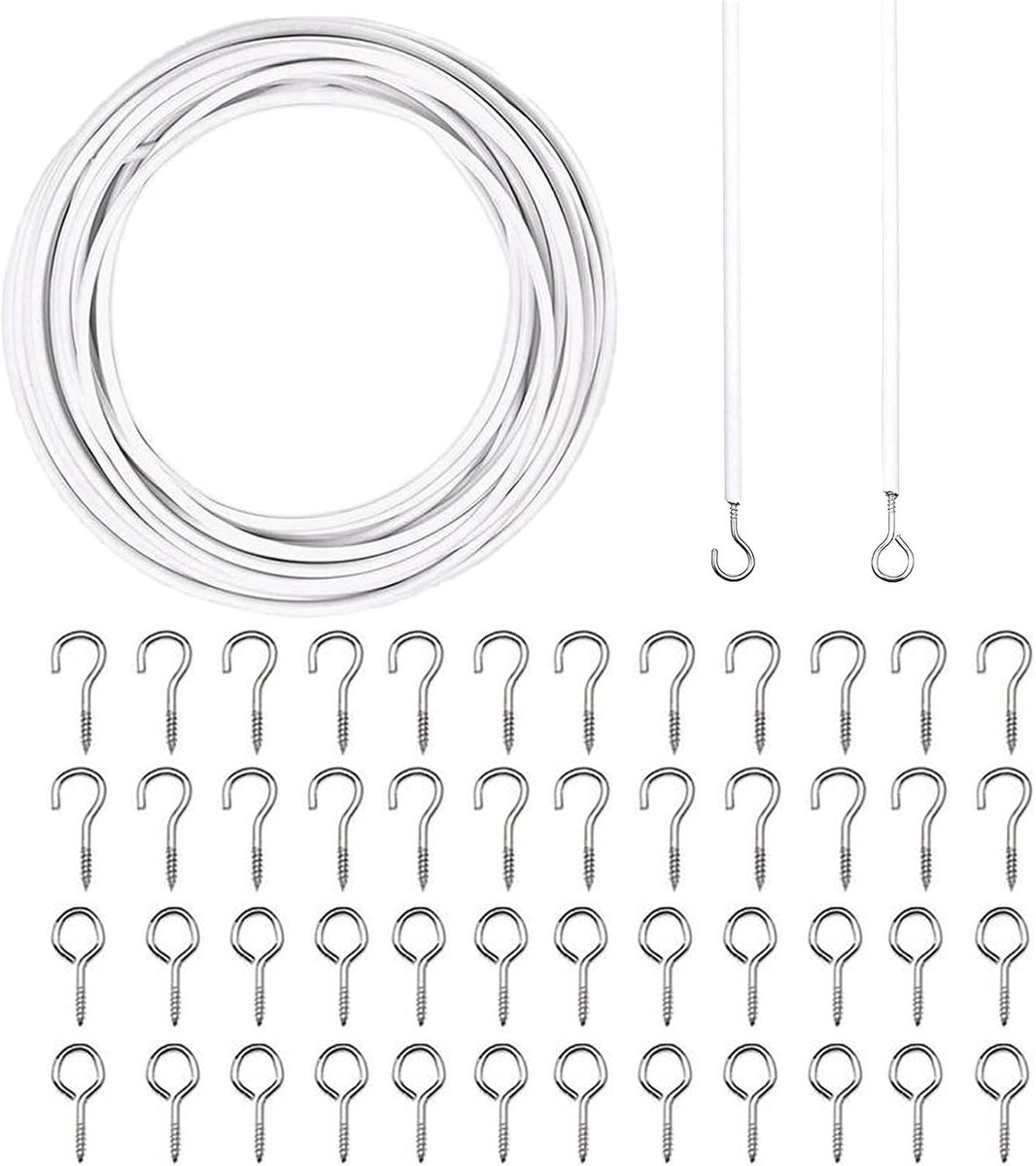 10 m witte kabel, zacht, met 25 oogbouten, 25 schroefhaken voor het ophangen van douchegordijnen
