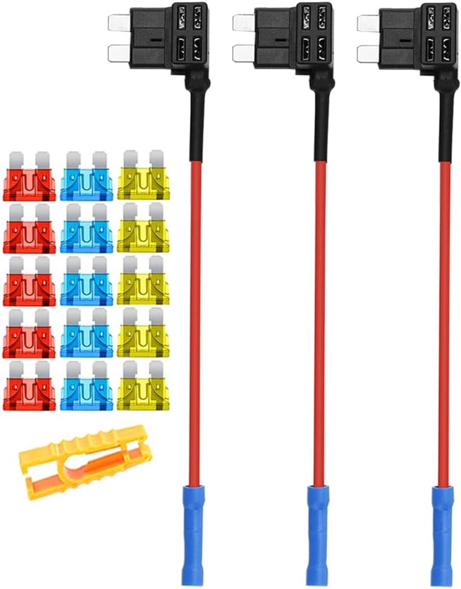 3 Stuks 12V / 24V Medium Add-a-Circuit Zekering Adapter, Auto Piggyback Zekeringhouder met 16 AWG Draad, Gratis 15 Stuks Standaard Bladzekeringen en Zekeringtrekker (Krimp Terminal)
