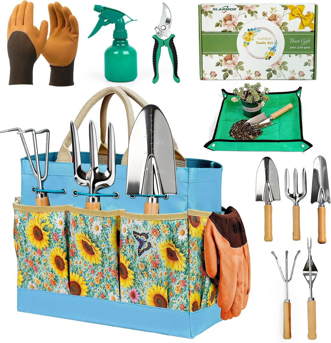 Tuingereedschapsset, 9-delige roestvrij tuingereedschapsset van roestvrij staal met antislip, ergonomische handgrepen en duurzame opbergtas, tuincadeaus voor dames