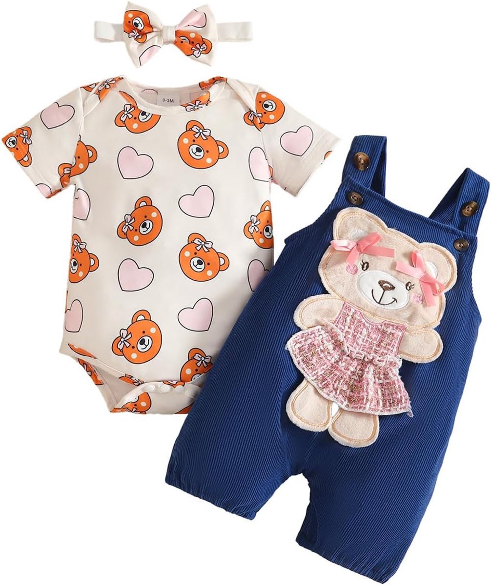 Tuinbroek voor baby's, meisjes, bedrukt bovendeel met ruches mouwen + broek met verstelbare bandjes + hoofdband voor lente en herfst