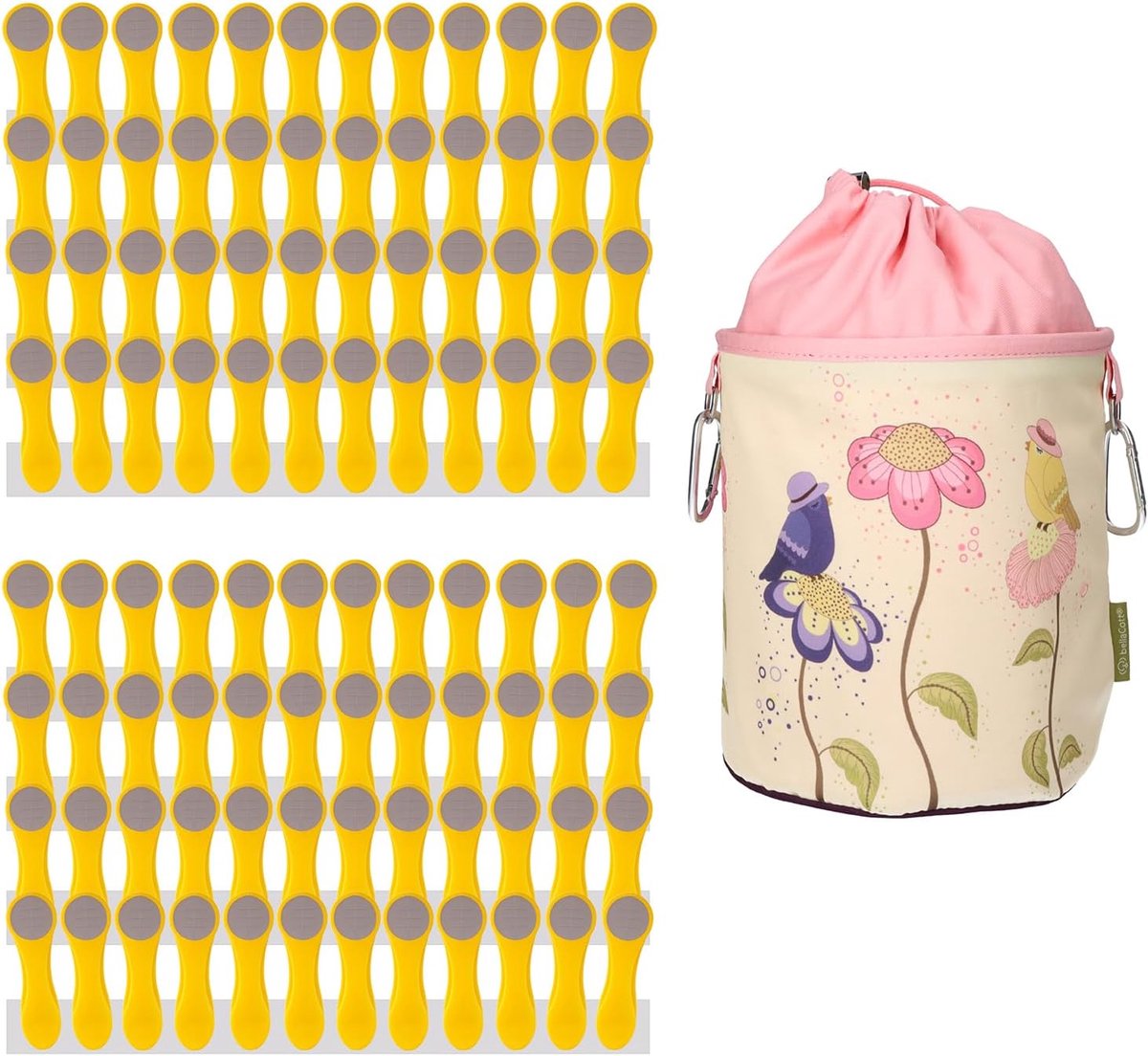 Wasknijpers set 96 stuks Geel met softgrip & roestvrijstalen veren inkl. wasknijperzak katoen Vogel-Bloemen