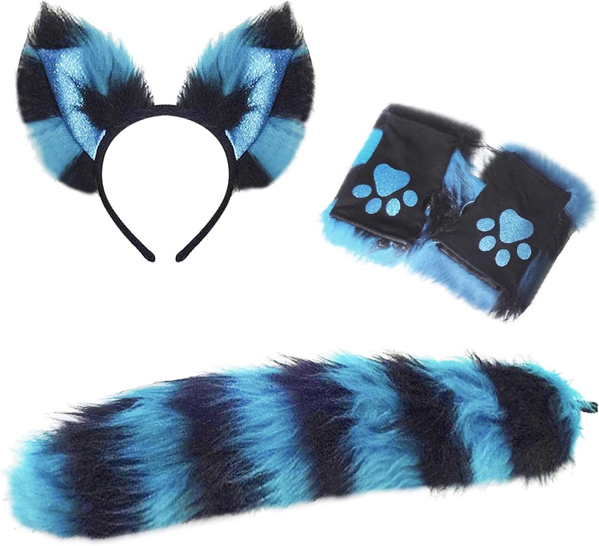 Set van 3 kostuums - Halloween en feestkostuums - Lange kattenstaart - Kattenoren - Handschoenen - Valentijnsdag