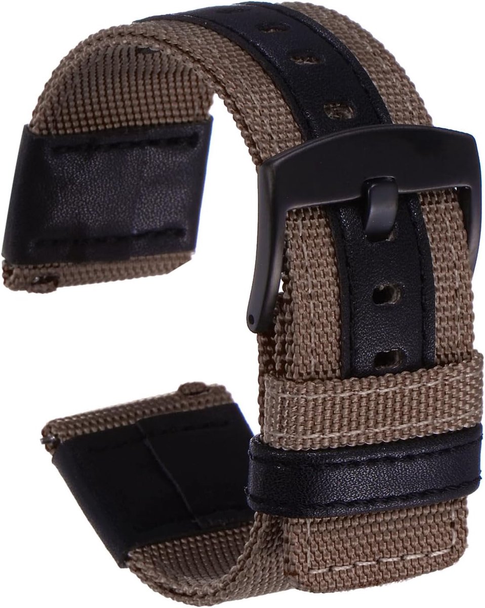 Nylon horlogeband 24 mm met snelsluiting canvas met zwarte roestvrijstalen gesp voor mannen en vrouwen bruin, Riem