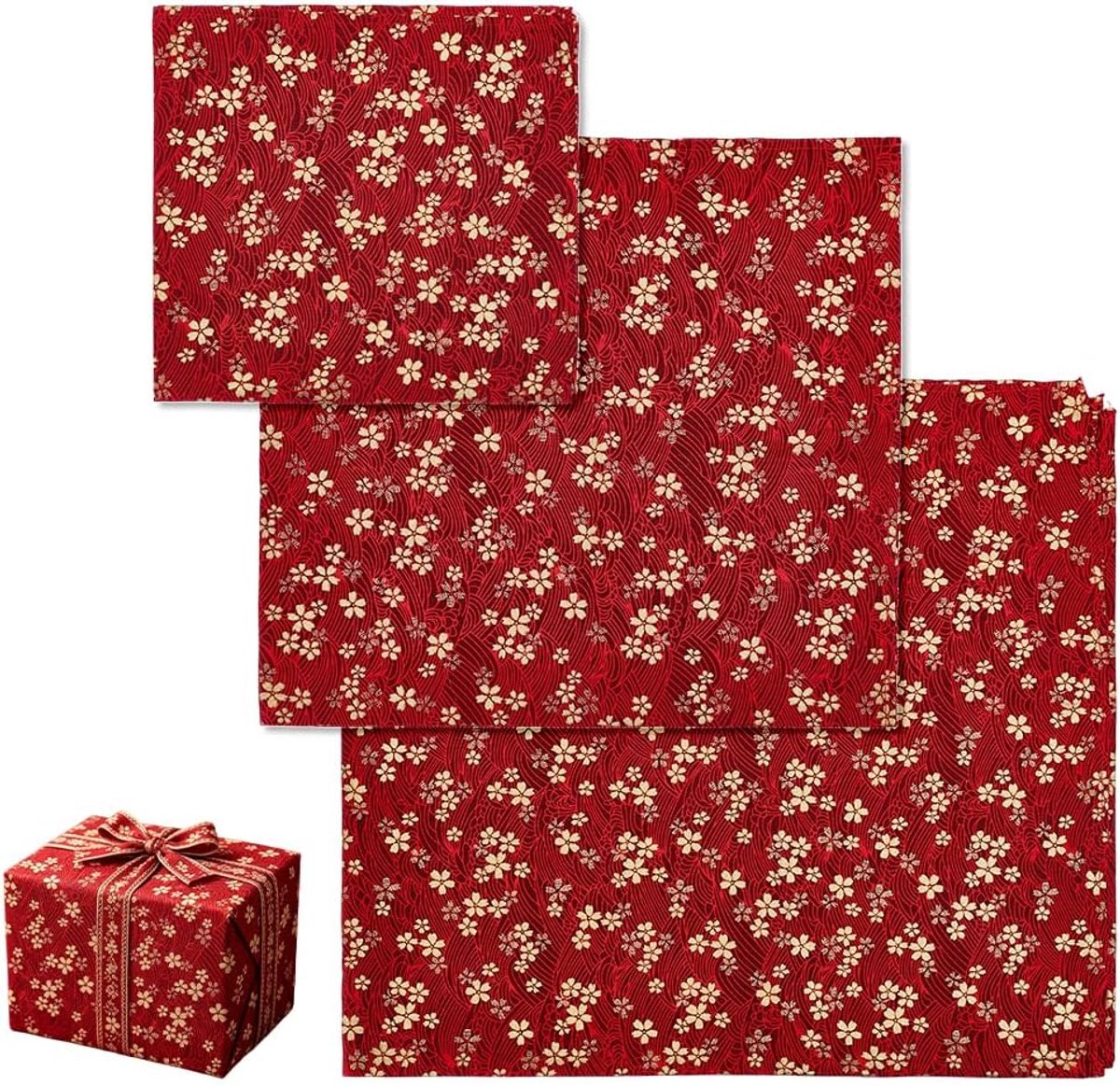 PandaHall 4 STKS 3 Stijlen Furoshiki Inpakdoek Bloem Gedrukt Katoen Patchwork Rode Herbruikbare Stof Goud Kersenbloesems Quilten Naaien Stof voor Bento Lunch Naaien Quilten Crafting Home Decor