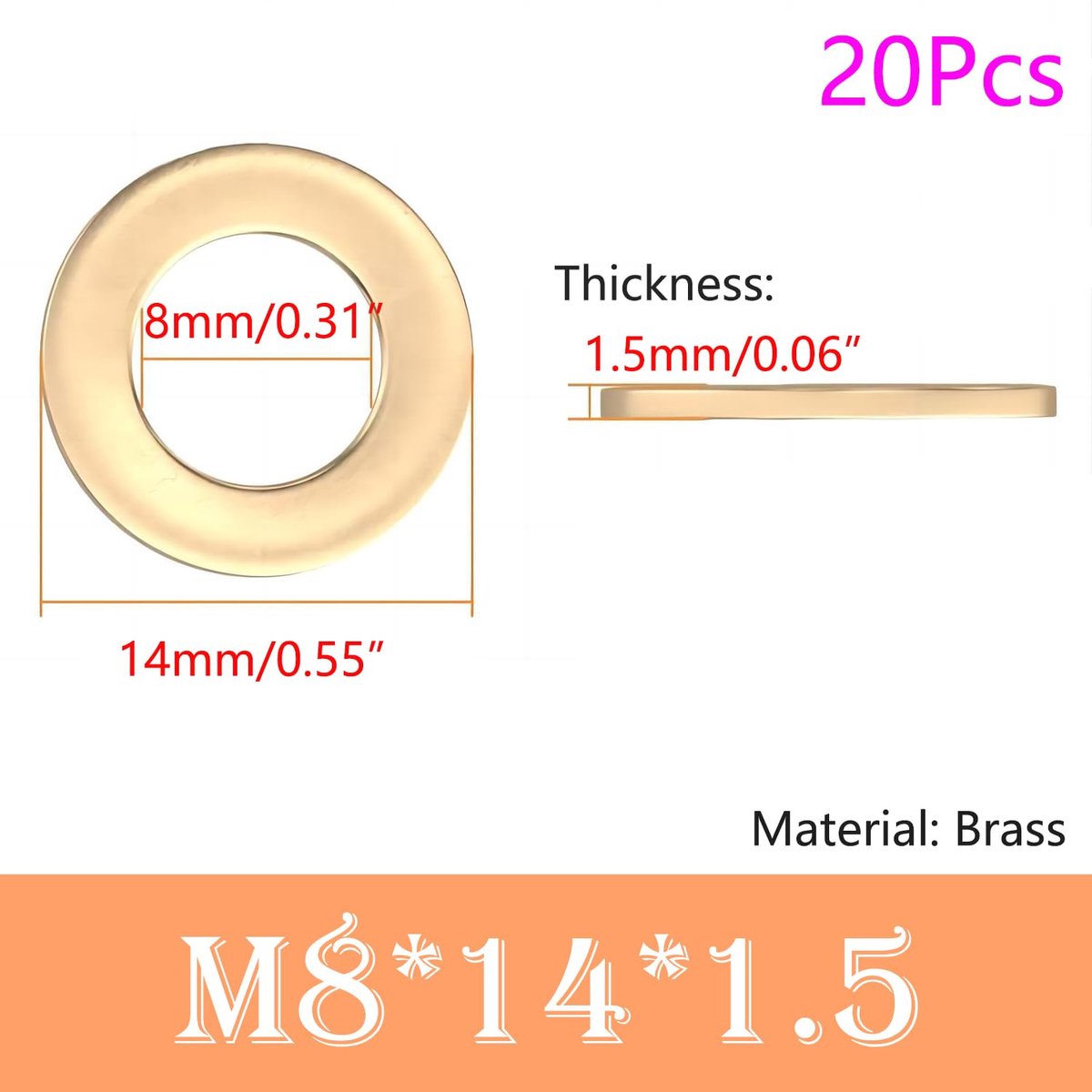 Platte Sluitringen, M8x 14 mm Messing Sluitringen, Metalen afstandhouders, Ronde afdichtring, Afstandhouders, Sluitringen O-ring