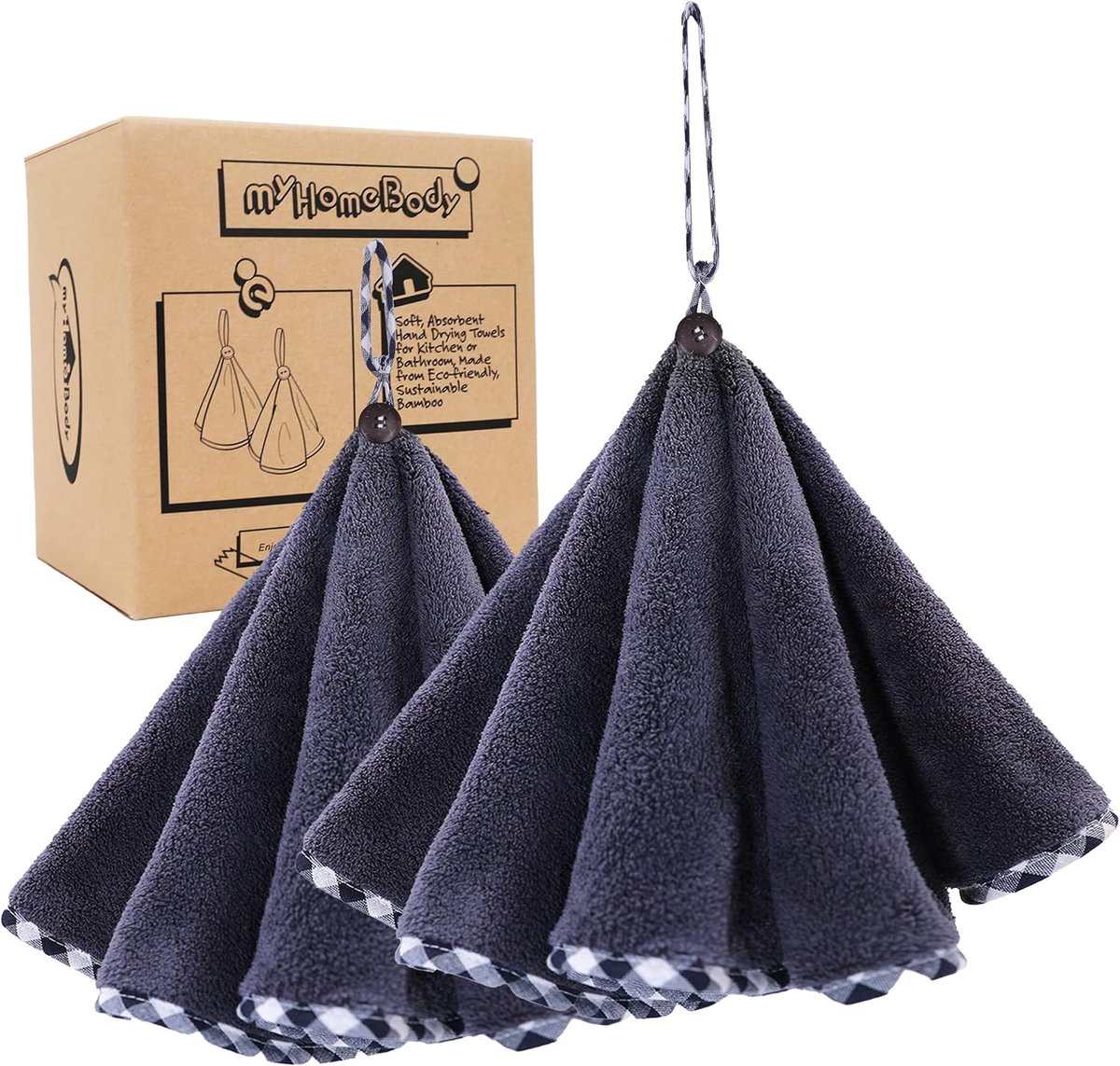 Handdoeken met ophanglussen, absorberende houtskoolvezel reinigingskleding met kokosnootschelp knop voor keuken, ronde vorm, set van 2, nachtblauw