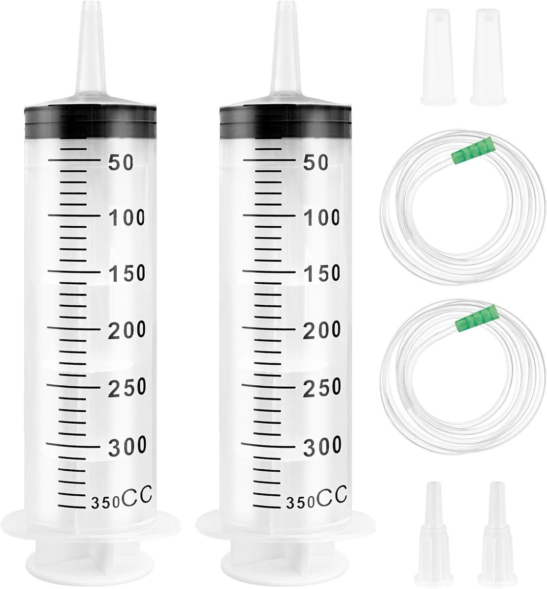 350 ml spuit met slang, 2 stuks, herbruikbare plastic spuit | Spuit met dop, afzonderlijk verzegeld voor diervoeding, laboratorium en industrie, verkrijgbaar in 150/250/350/550 ml