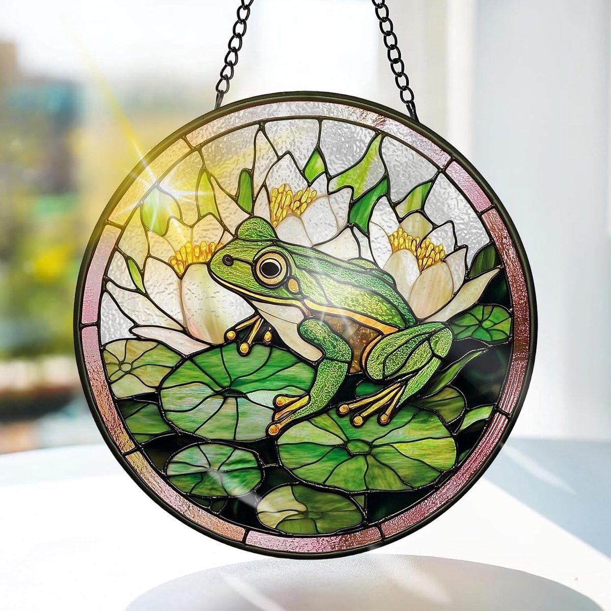Kikker Gekleurd Glas Hangend - Bloem Hangende Raamdecoratie - voor Tuin, Raam en Deur, Verjaardag voor Vrouwen, Handgemaakte Suncatcher Decoratie 20x20 cm
