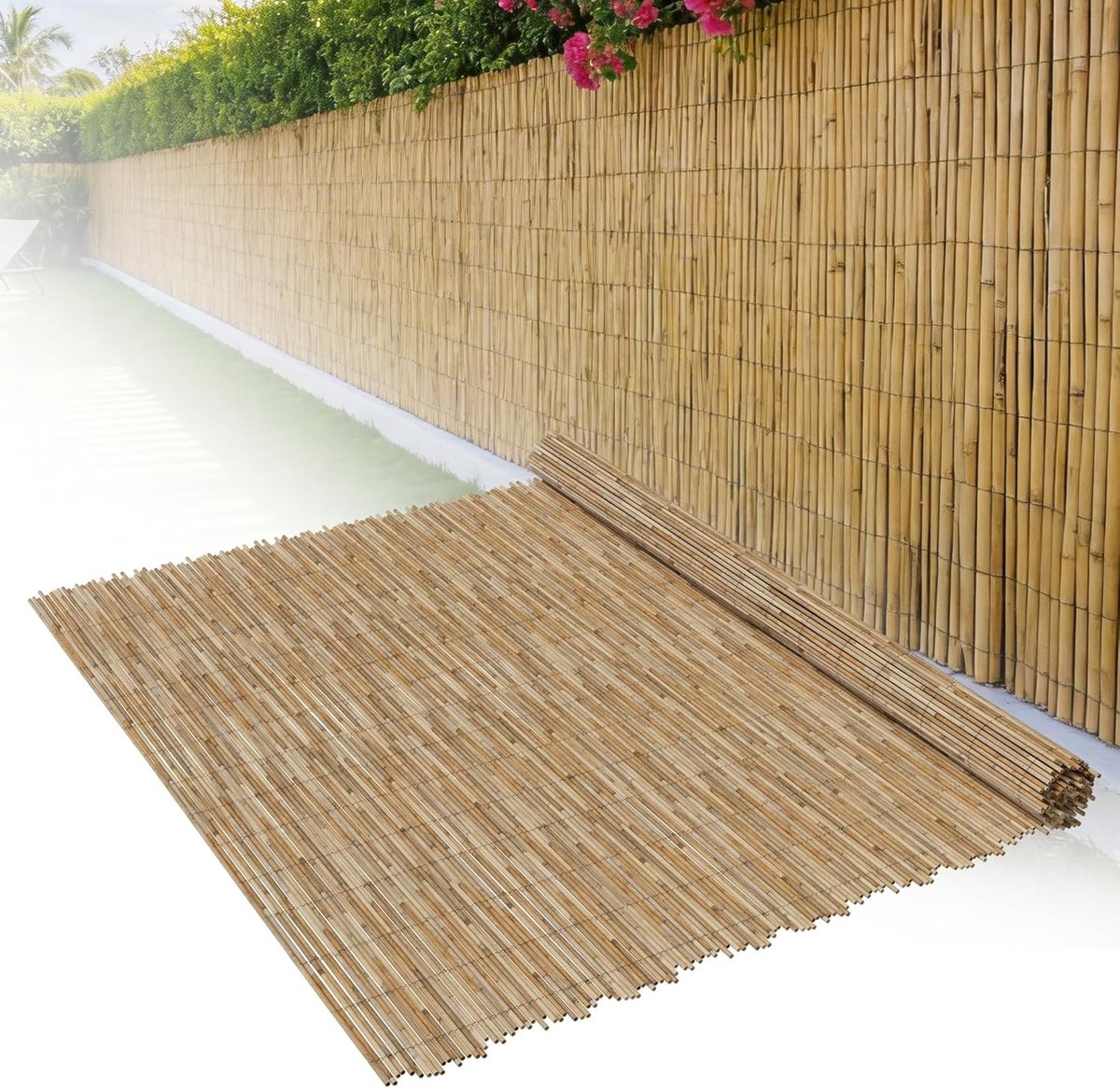 Rietmat, bamboe-inkijkbescherming, 120 x 300 cm, robuuste rietmat als inkijkbescherming, windscherm, zonwering, inkijkbescherming voor balkon, terras, omheining, tuin, binnen en buiten