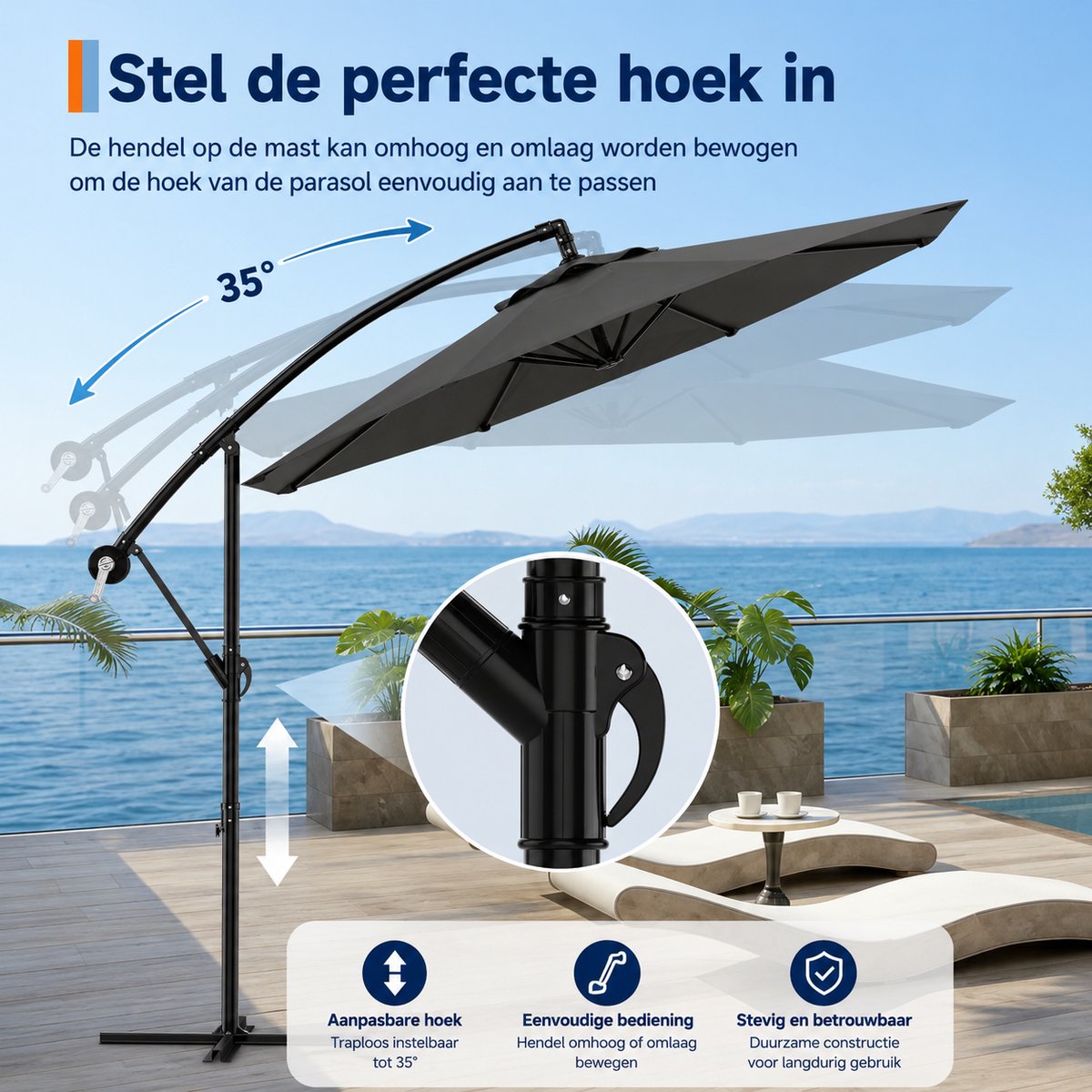 DeltaMerch Zweefparasol - Draaibare Parasol - Kantelbaar - UV werend doek - Incl. kruisvoet en beschermhoes - 300x 300cm - Grijs – foto 3