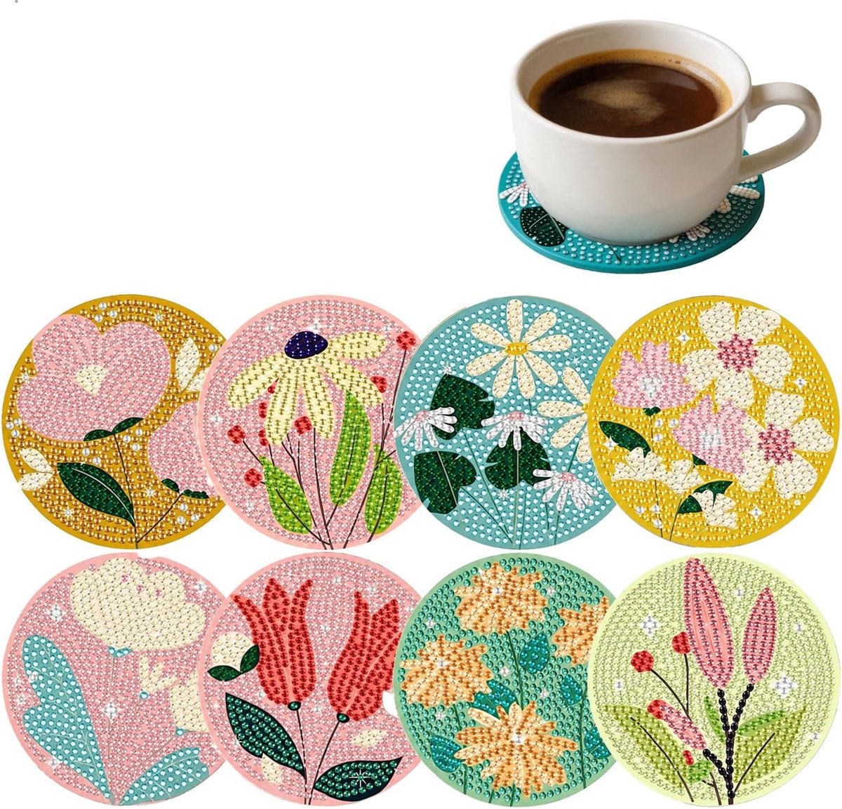 Diamond Painting onderzetters, 8 stuks antislip bloemenonderzetters met houder, 5D DIY Crystal Diamond Painting set voor woondecoratie, autobeker, drankjes