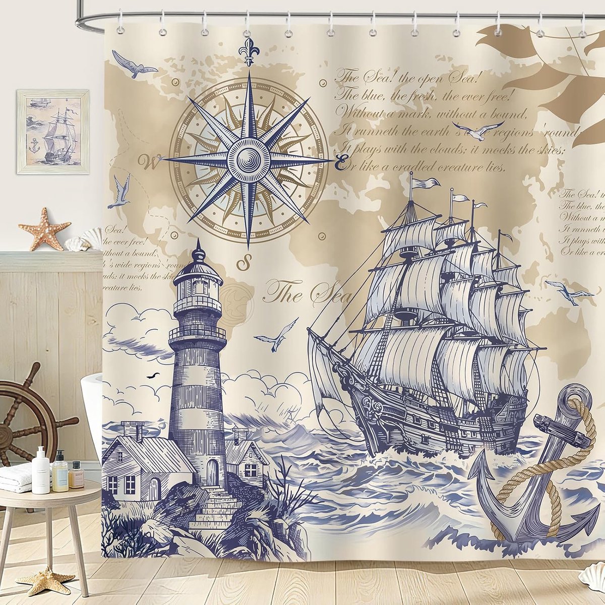 Nautisch douchegordijn, 180 x 200 cm, zeilboot, vuurtoren, anker, kompas, badgordijnen, polyester, waterdicht, voor badkamer, machinewasbaar, met 12 haken