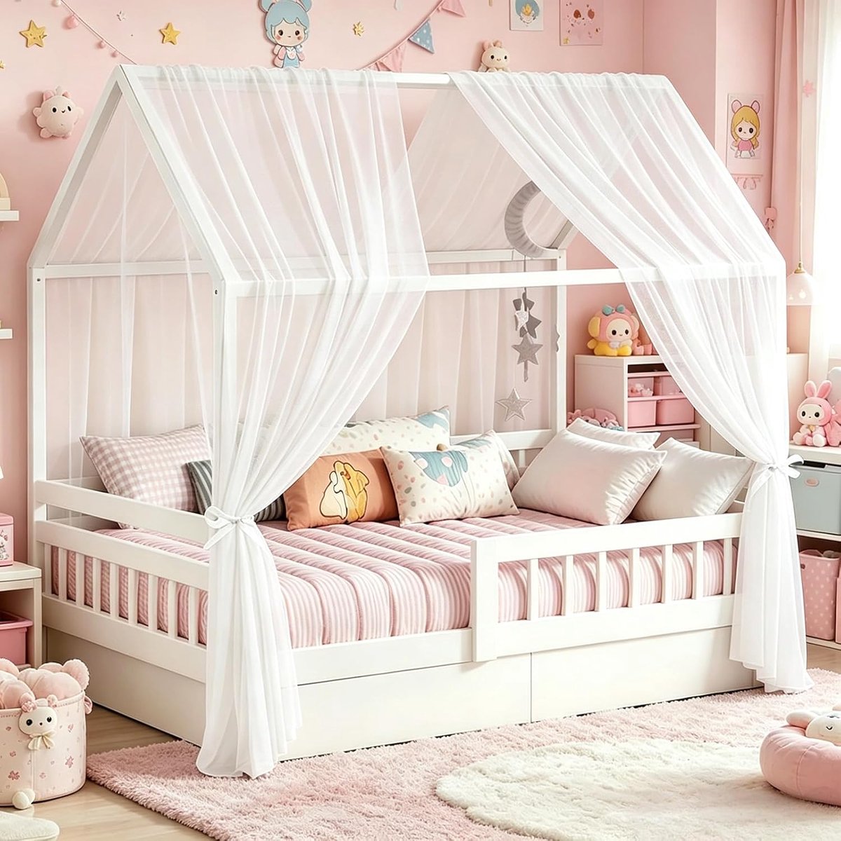Huisbedhemel, 2 stuks, 150 x 350 cm, hemelbedgordijnen voor meisjes en jongens, kinderbed, baldakijn, kinderkamer decoratie