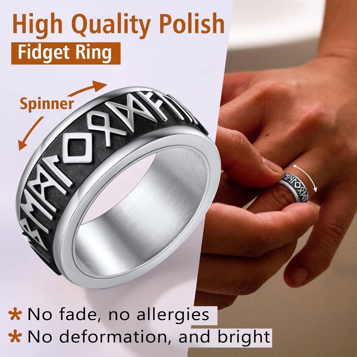 Rune Ring voor heren, roestvrij stalen fidget ring, heren spinner ring