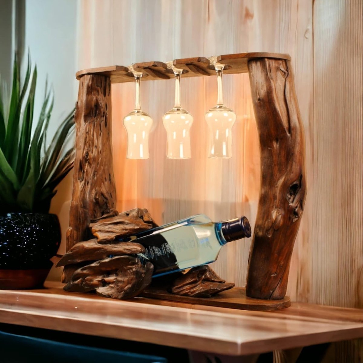 XL wortelhouten flessenstandaard - teak flessenhouder - edel en decoratief voor 1 fles en 3 glazen (bruin)