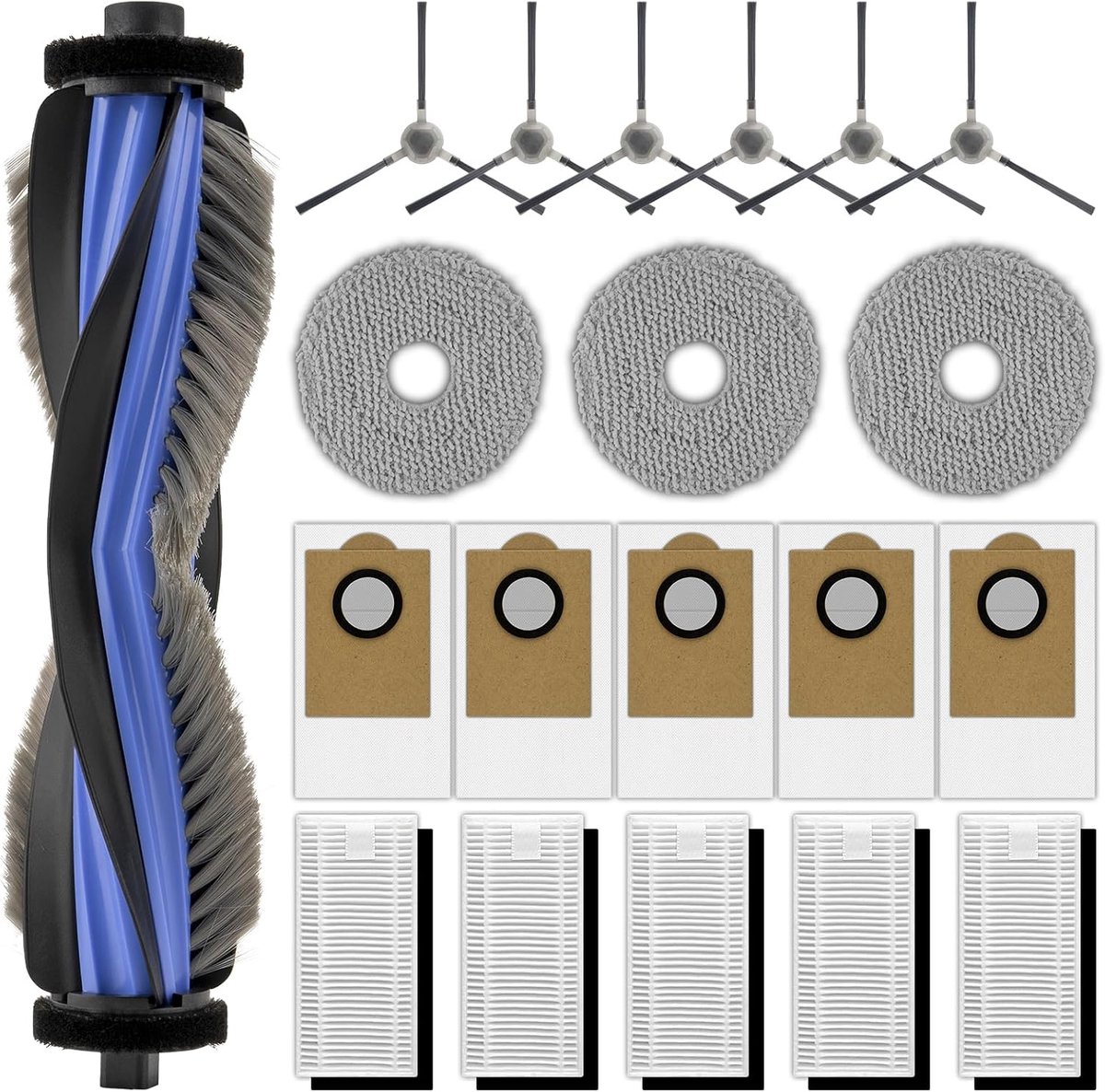 Reserveonderdelen compatibel met Lefant M3 robotstofzuiger, 1 rolborstel, 6 zijborstels, 5 stofzakken, 5 HEPA-filters met schuimstoffilters, 3 dweilpads, accessoireset