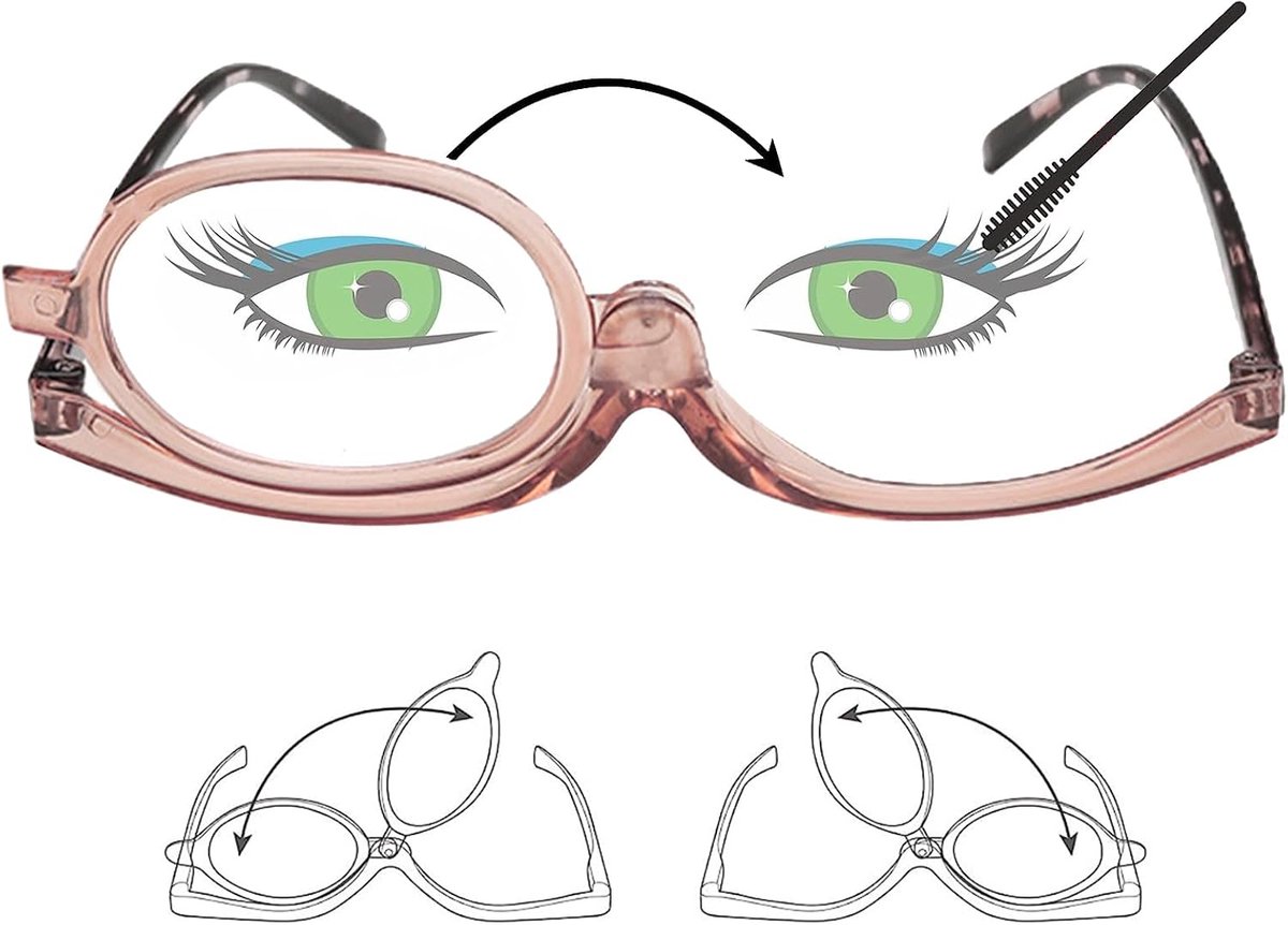 Make-upbril met vergroting, opklapbare lens voor dames, make-upbril voor dames, roterende make-upbril, klapbril, make-upbril met oogvergroting