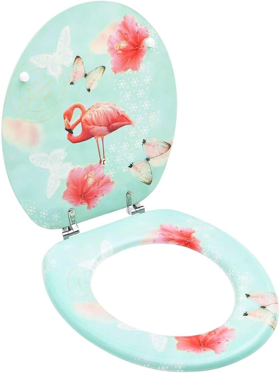 Flamingo-Design toiletbril met deksel van MDF, universeel voor toiletpotten, scharnieren van chroom-zinklegering, afmetingen 42,5 x 35,8 cm (L x B), hoogte 5,3-5,5 cm Model146905