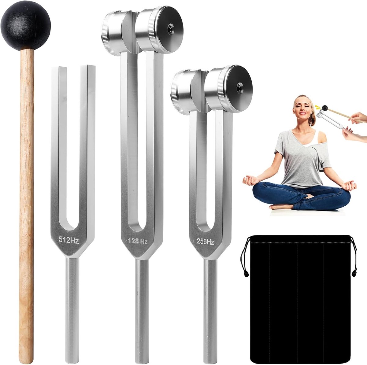hamerset: 3 stemvorken, 128 Hz, 256 Hz, 512 Hz, stemvorkset met hamer + stoffen tas, stemvorken, instrument, nauwkeurige frequentierespons voor klanktherapie, anti-stress
