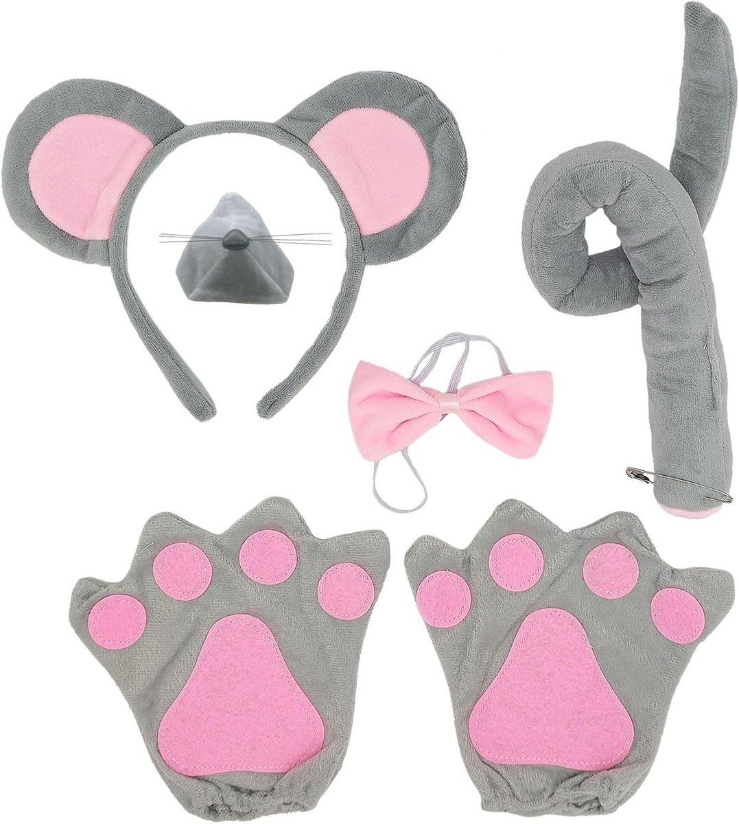 5-delige muiskostuumset, muisneusstaarthandschoenen roze vlinderdas oren hoofdband set, dierenkostuumset, voor volwassen kinderen cosplay kinderdag verjaardagsfeestje maskerades Halloween