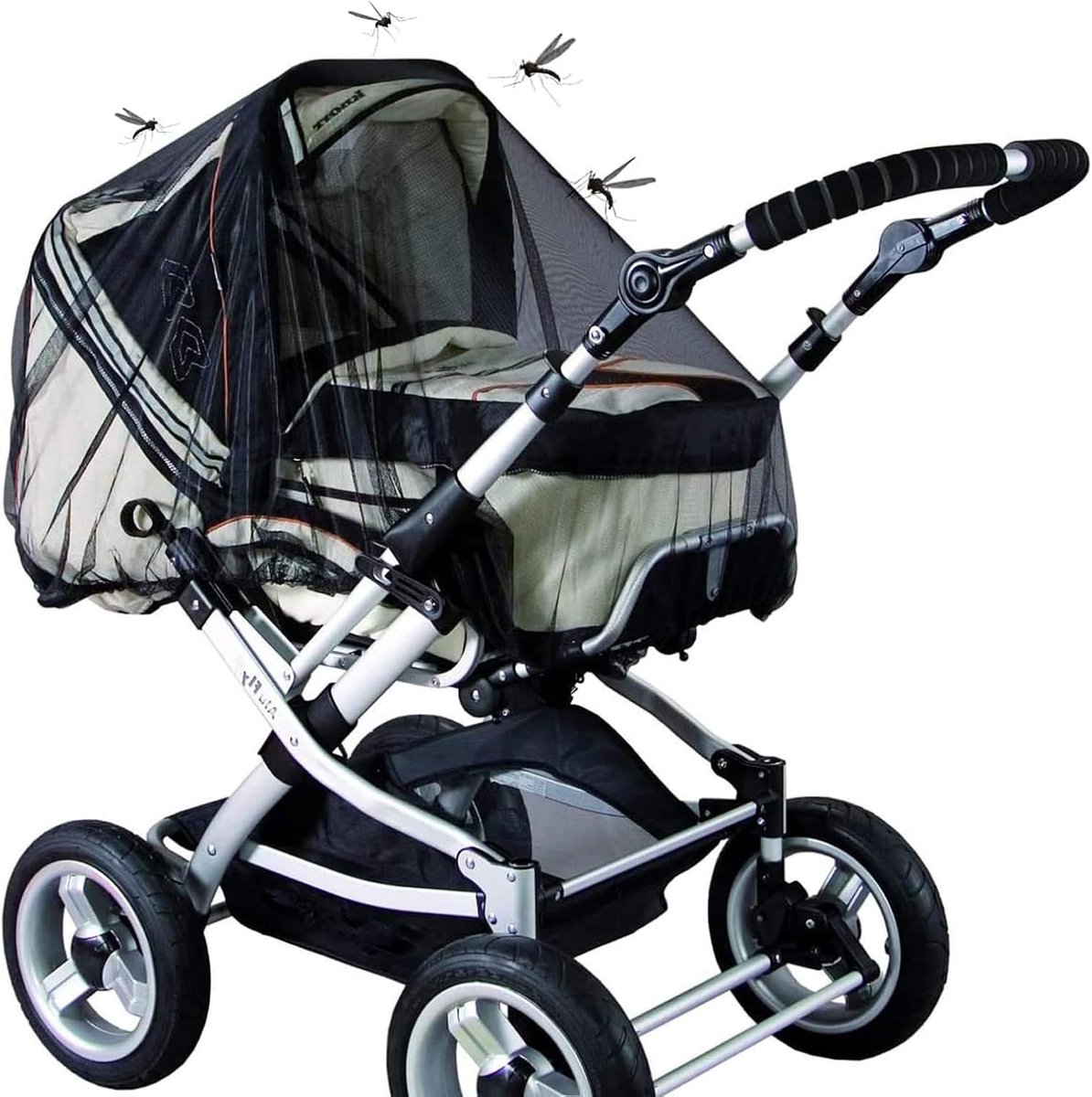 Universele insectenhor voor kinderwagen, muggennet voor kinderwagen, met elastiek, scheurvast en wasbaar, vliegennet voor buggy, bescherming tegen wespen en muggen (zwart)