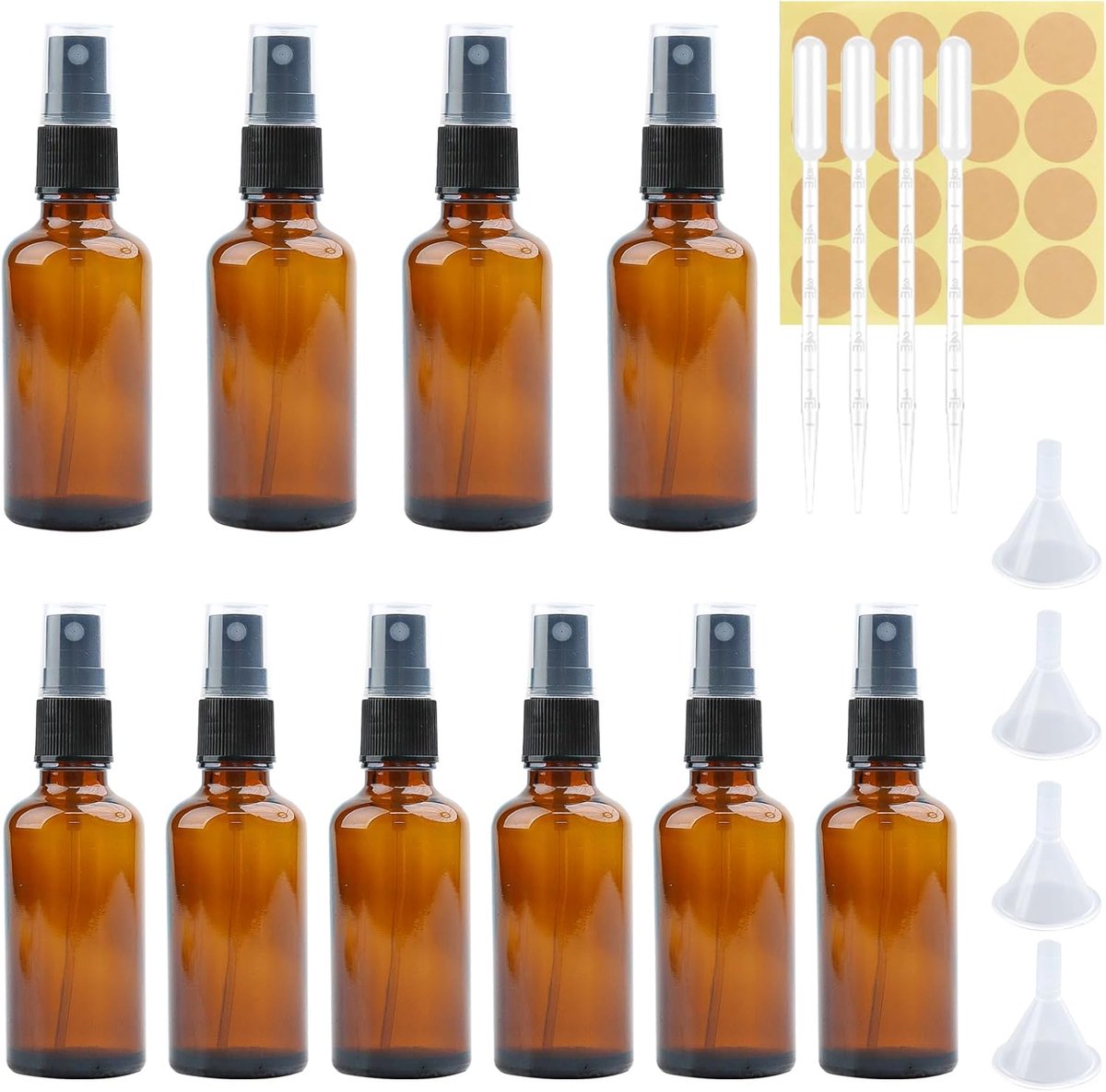 10 stuks bruine glazen spuitfles, glas met trechter druppelaar en stickers, navulbare kleine spuitflessen 50 ml en 30 ml voor parfum etherische oliën