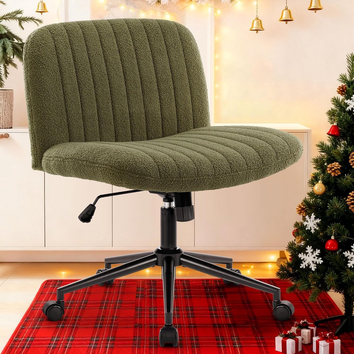Bureau stoel, hoogte verstelbaar, draaiend met wielen, teddy stof bekleding, leesstoel breed kussen (groen, zonder armleuningen, product_type:bureaustoel)