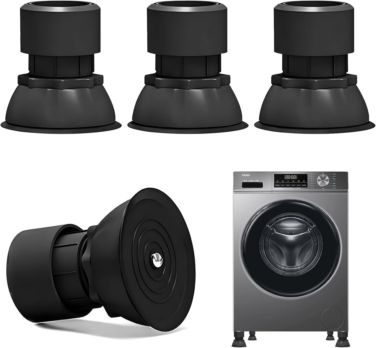 trillingsdemper voor wasmachine en droger, 4 stuks, anti-vibratie, wasmachine voor antivibratievoeten, in hoogte verstelbare demperpads, 10-12 cm, zwart