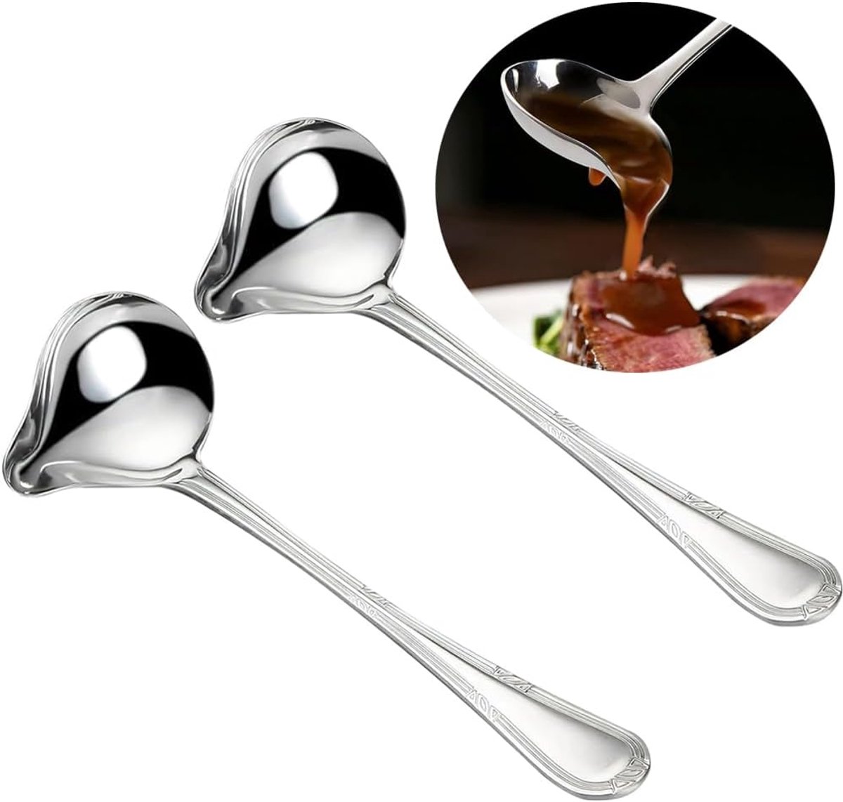 Schoplepel van roestvrij staal, sauslepel, zilver, pollepel met schenktuit, sauslepel voor soepen, sauzen, dressings, keuken, kookgereedschap, 2 stuks
