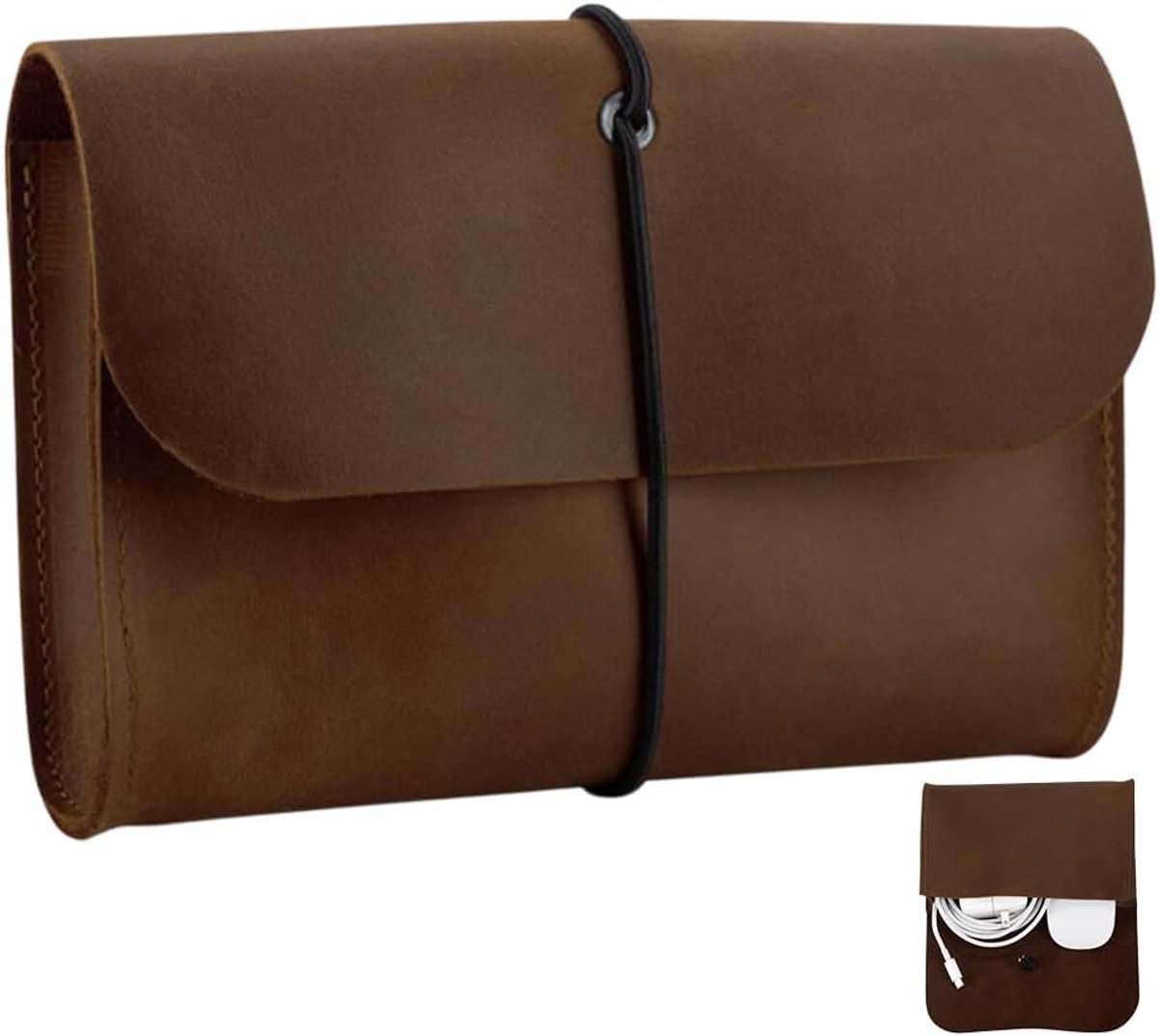 Reisetui van PU-leer voor elektronische kabels, organizer voor draagbare kabeladapter, clutch tas met elastiek voor harde schijven, mobiele telefoons, USB-hoofdtelefoon (kokosbruin)