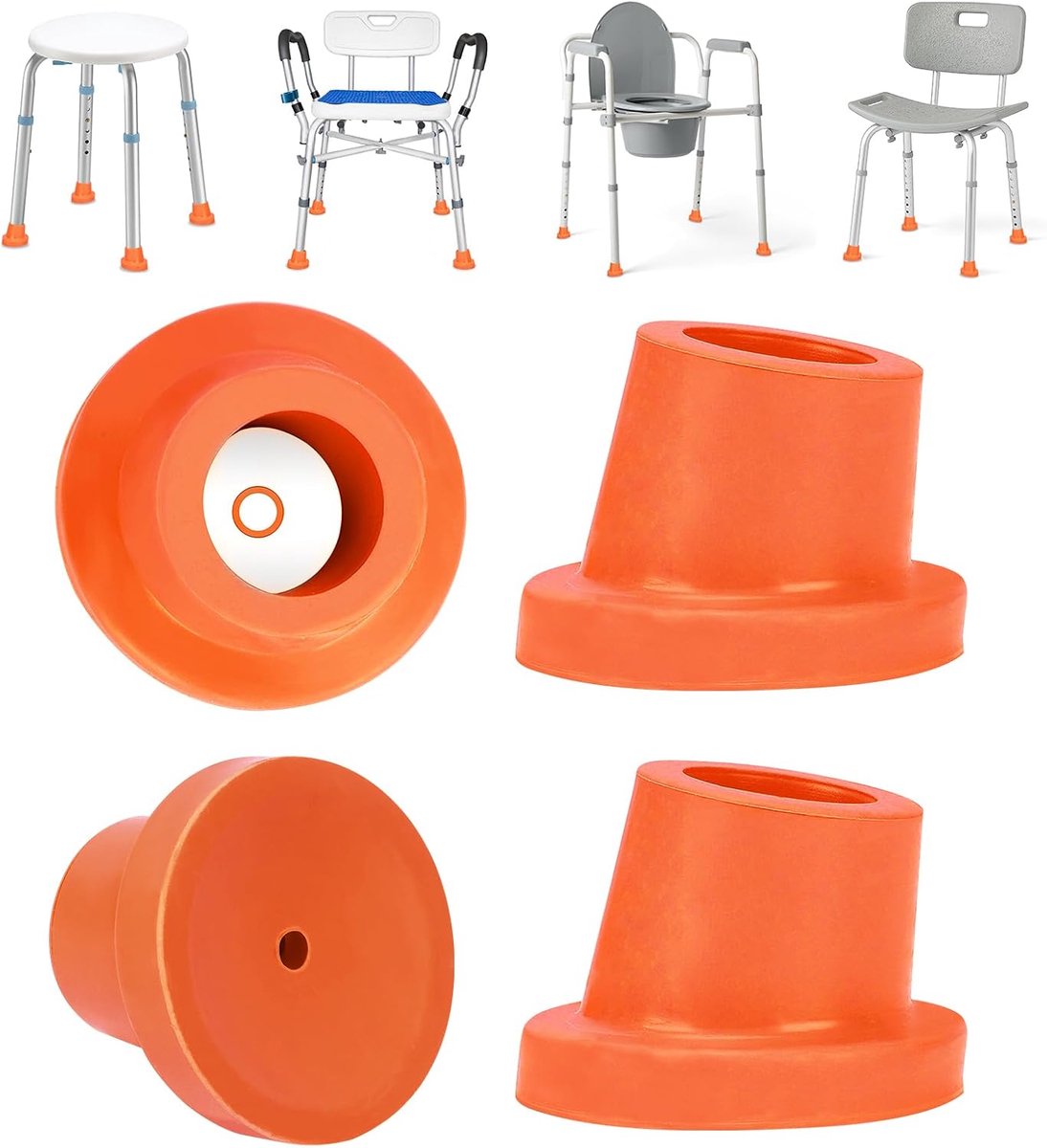 Supregear Vervangingsvoeten voor Douchestoel Badstoel, 28mm Binnendiameter, Schuine Rubberen Doppen voor Doucheкrukken en Transferbank, Antislip Extreme Grip Zuignapvoeten, 4 Stuks, Oranje