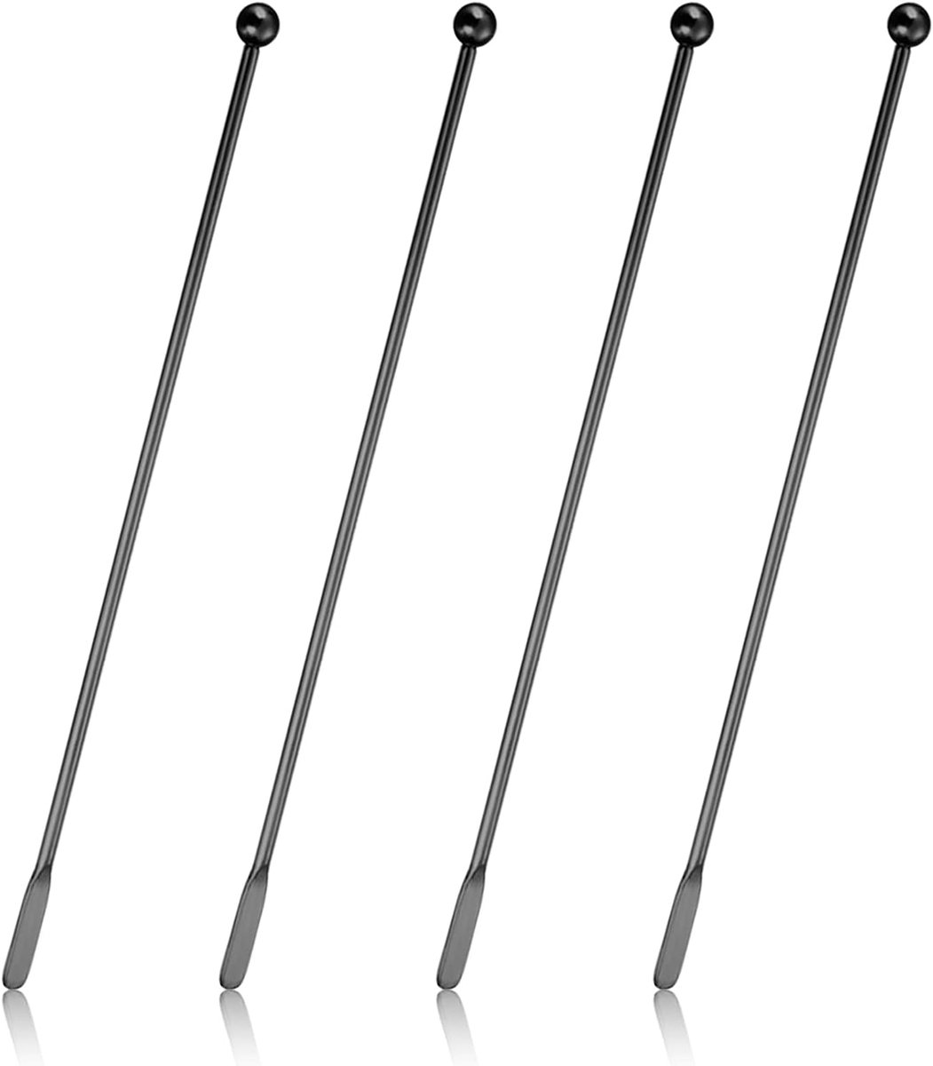 4 stuks roestvrijstalen roerstaafjes roerstaafjes voor cocktaildrankjes, 17,5 cm drankroerstaafjes metaal met kleine rechthoekige peddels, herbruikbare roersticks voor koffiebar, chocolademelk (zwart)