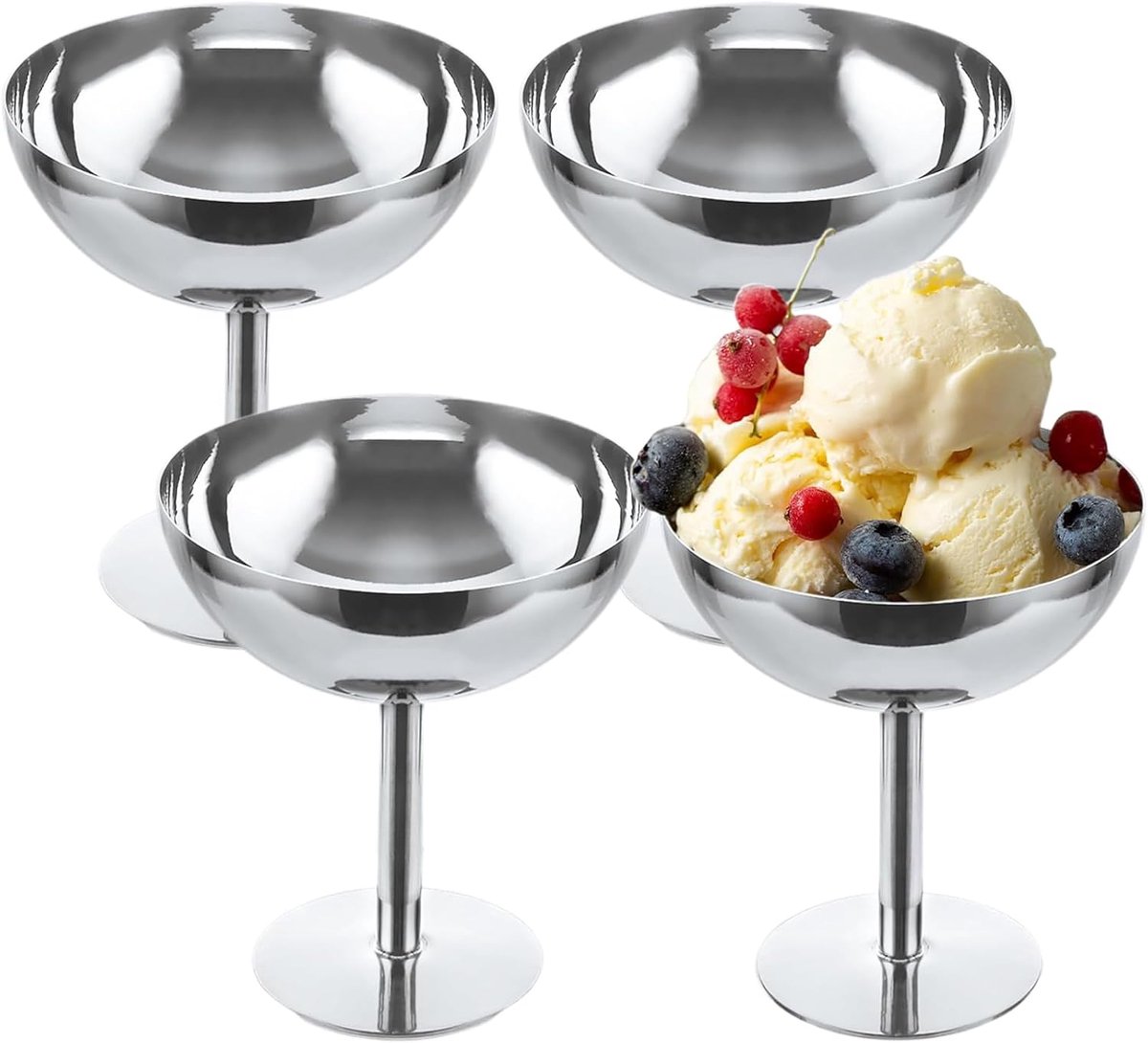 Set van 4 roestvrijstalen ijsbekers, diameter 10 cm, 200 ml dessertschaal met voet, cocktailglazen, ice cream sundae dessertglazen voor fruit, salade, yoghurt en pudding, ideaal voor