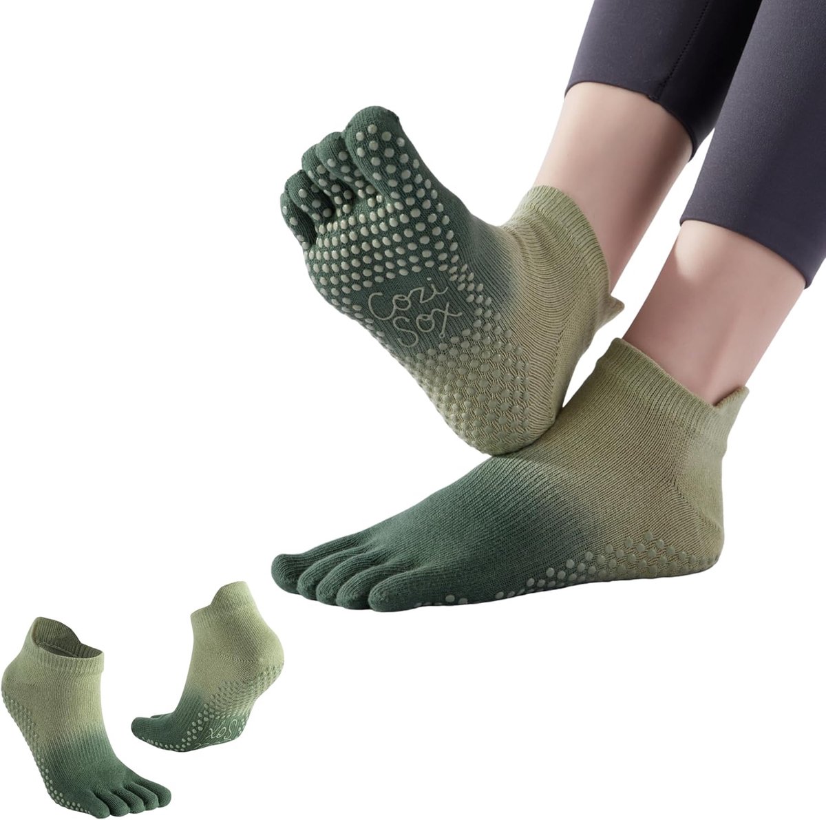 Sokken voor Dames, 2 Paar | Katoen, Grips en Siliconen Voetboogondersteuning, Yogasokken voor Reformer Pilates Barre Ballet, 5 Tenen