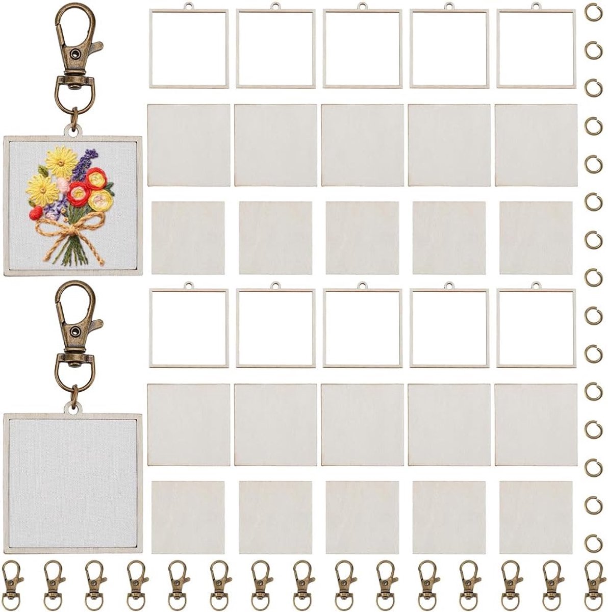 Set van 12 mini borduurlijsten, sleutelhangers, van hout, borduurframe, ornament van hout, met achterkant, doe-het-zelf, vierkant, houten frame voor het maken van sieraden, 4,3 x 4,3 cm