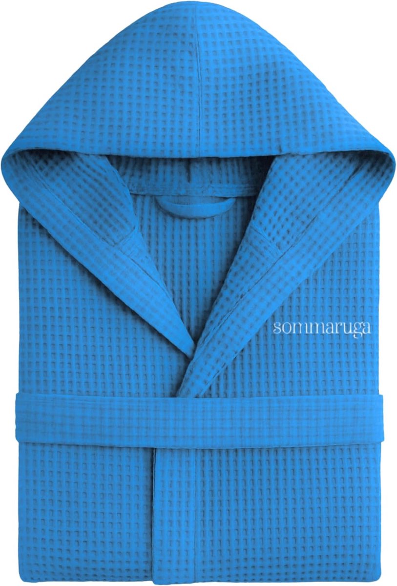 Badjas met honingraatstructuur voor dames en heren, van katoen, met capuchon, zakken en riem, licht en voor reizen, S-XXXL