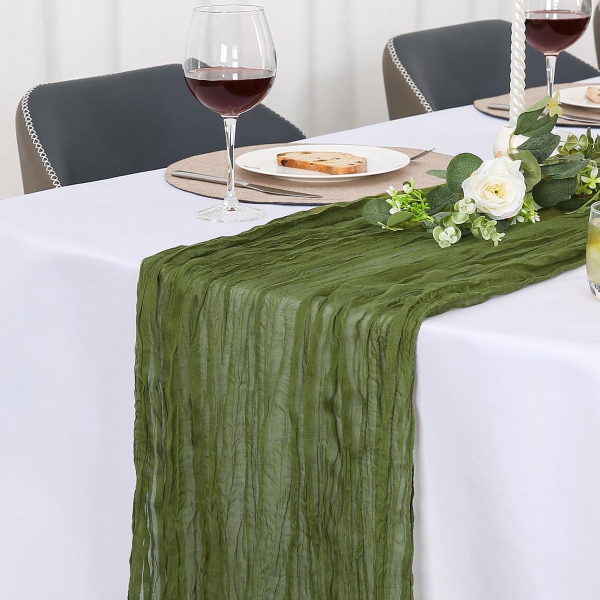 Tafelloper，Boho Gaas Tafelloper | Wasbaar Tafelkleed voor Bruiloften Eettafel Decoraties Gazen Stof Chiffon Bruiloft Decoratie Thuis Buiten 90 x 400 cm Olijf