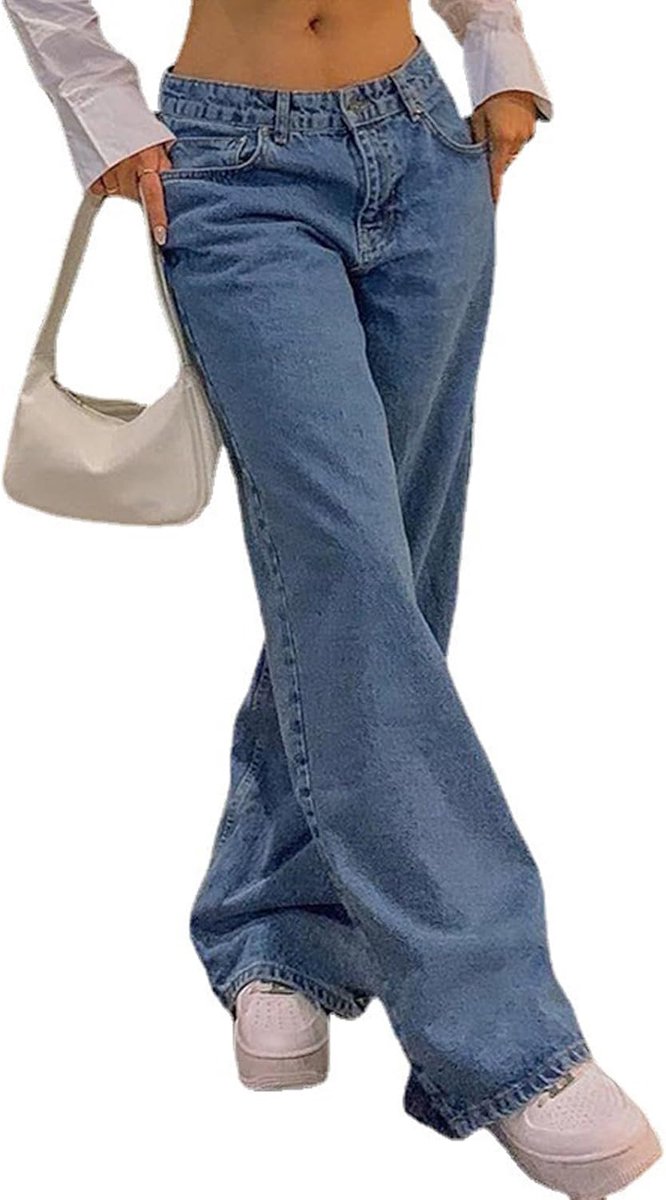 Leg Broek Denim Broek Vintage Losse Blauw Washed Mom Jeans Low Rise Jeans Vrouwen Losse Jeans (Blue,M)